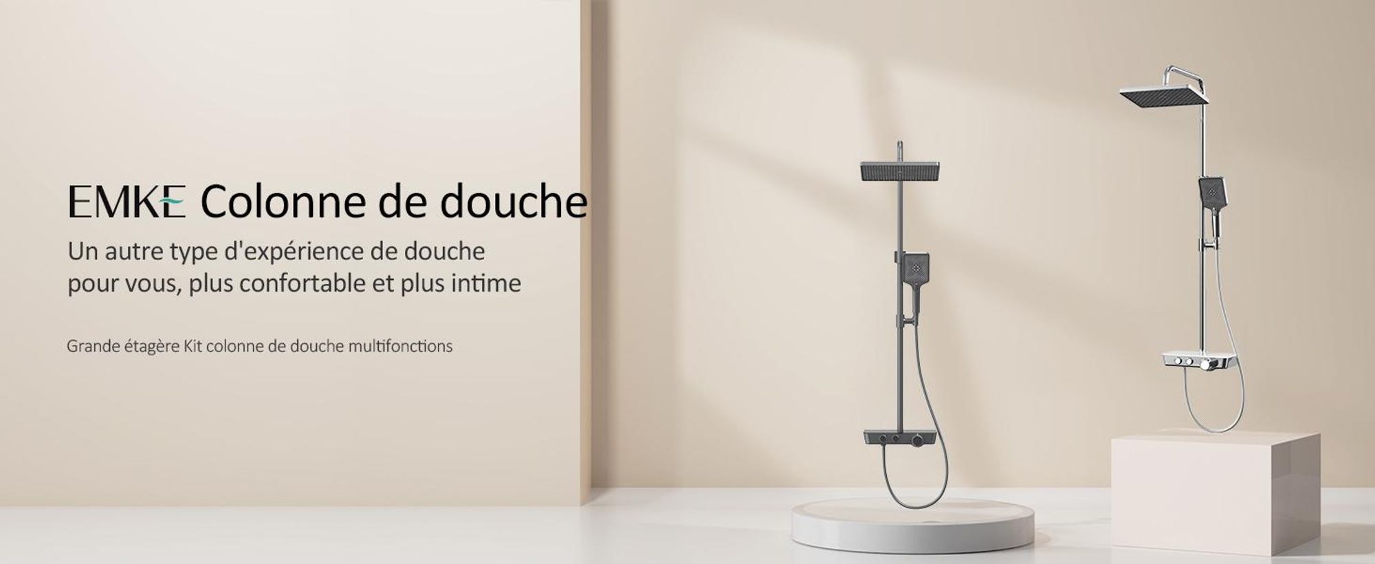 EMKE Système de douche avec thermostat en acier inoxydable Ensemble de douche avec douchette à main 3 fonctions, douche à effet pluie, panneau de douche, robinetterie de salle de bains & douche, KTW, chrome - F08