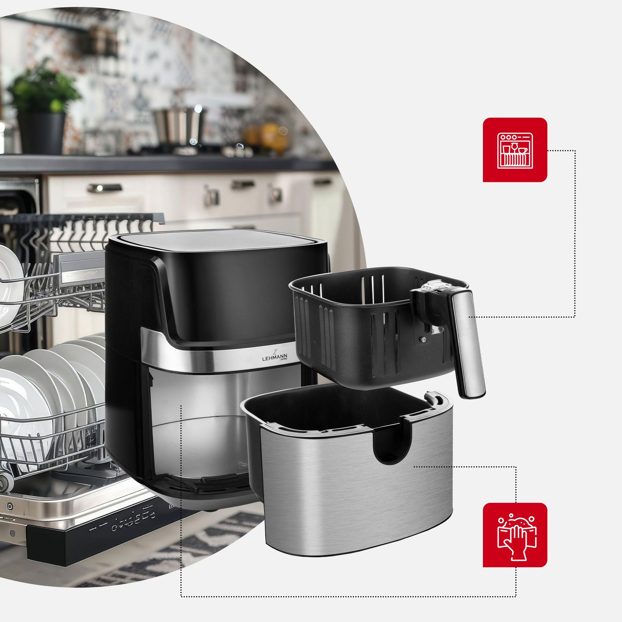 Frytkownica beztłuszczowa LEHMANN PURE kompaktowa frytownica 6,5l. Air Fryer 1700W, wyjmowany kosz, 80–200°C