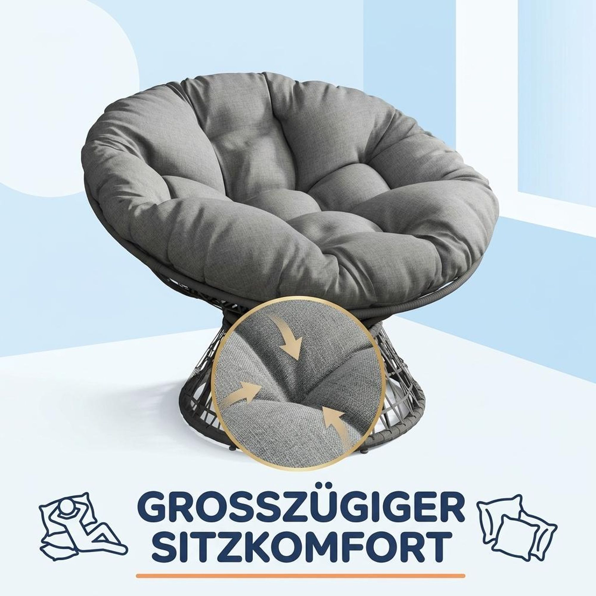 Soundsessel Ø 124 cm, 360°drehbar, Ergonomisch, Extra dickes Sitzkissen, bis 158 kg, Wetterbeständig, Liegesessel für Garten Balkon