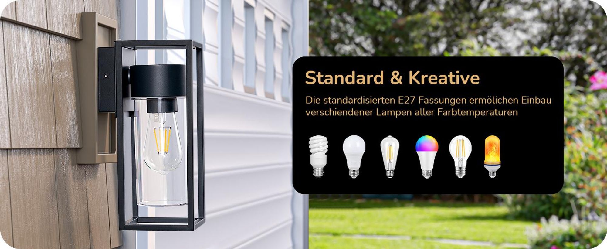 EDISHINE Wandleuchte Innen/Außen, E27 Wandlampe für Hauswand, Aussenlampe IP44,Schwarz