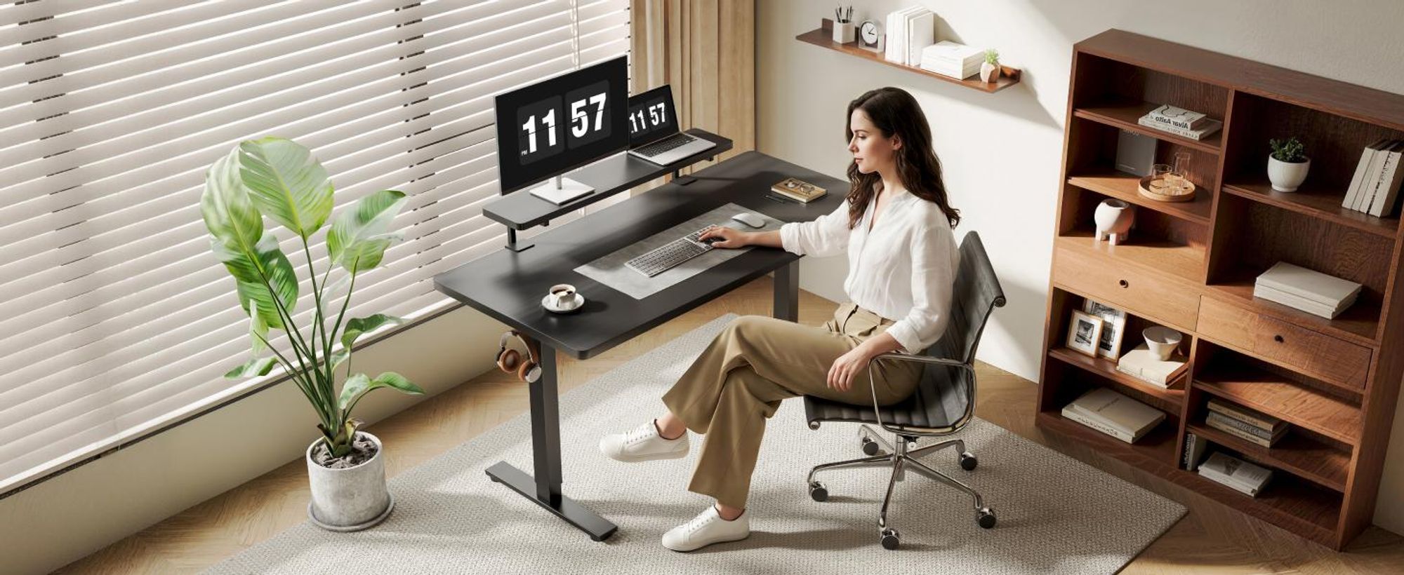 FLEXISPOT Monitorständer mit Klemme, 2 Ablagen, Kabelmanagement, 20 kg Tragkraft, 100 x 20 cm, bis 25 mm Tischplatte, Schwarz