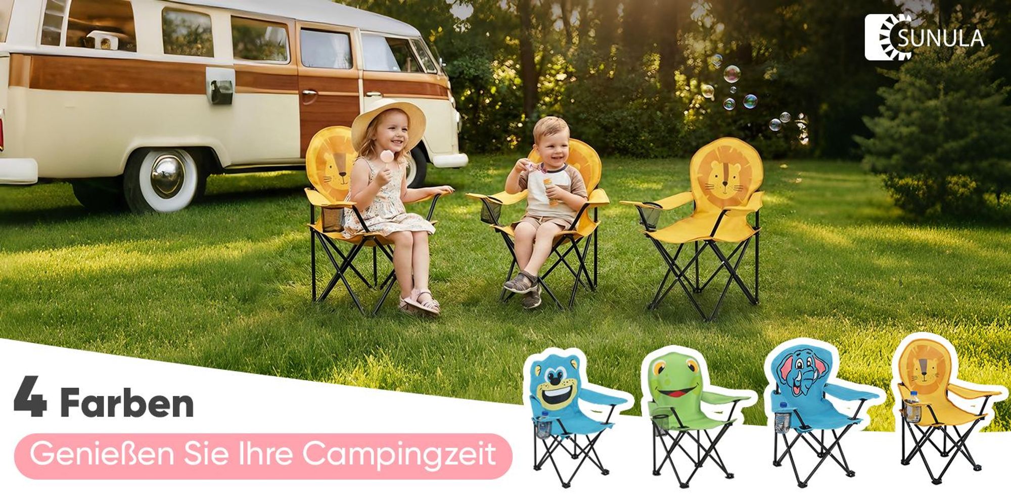 Sunula Kinder Campingstuhl mit Getränkehalter, Anglersessel Kinder Klappstuhl, Gelb - Löwe