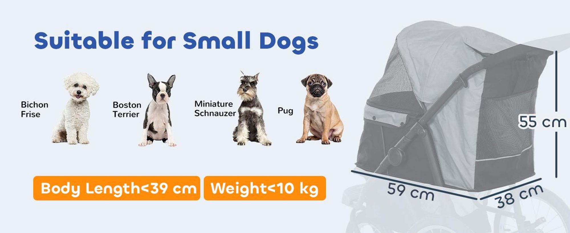 Wózek dla psa PawHut Jogger Dog Buggy składany dla małych psów i kotów do 10 kg, z 3 dużymi gumowymi kołami, poduszką, siateczką, koszem do przechowywania, wózkiem dla kota ze smyczami bezpieczeństwa, szary