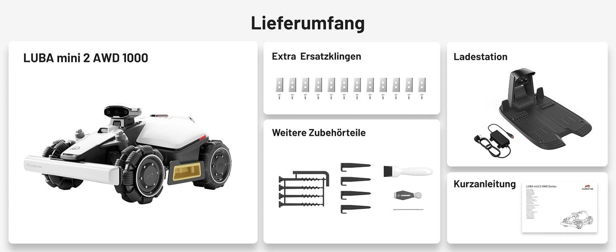 Mähroboter Mammotion LUBA Mini 2 AWD 1000 mit Garage, Waschständer, ohne Kabel, bis 1000 m², Randmähen, DropMow, Auto-Kartierung, 4G-Modul, APP