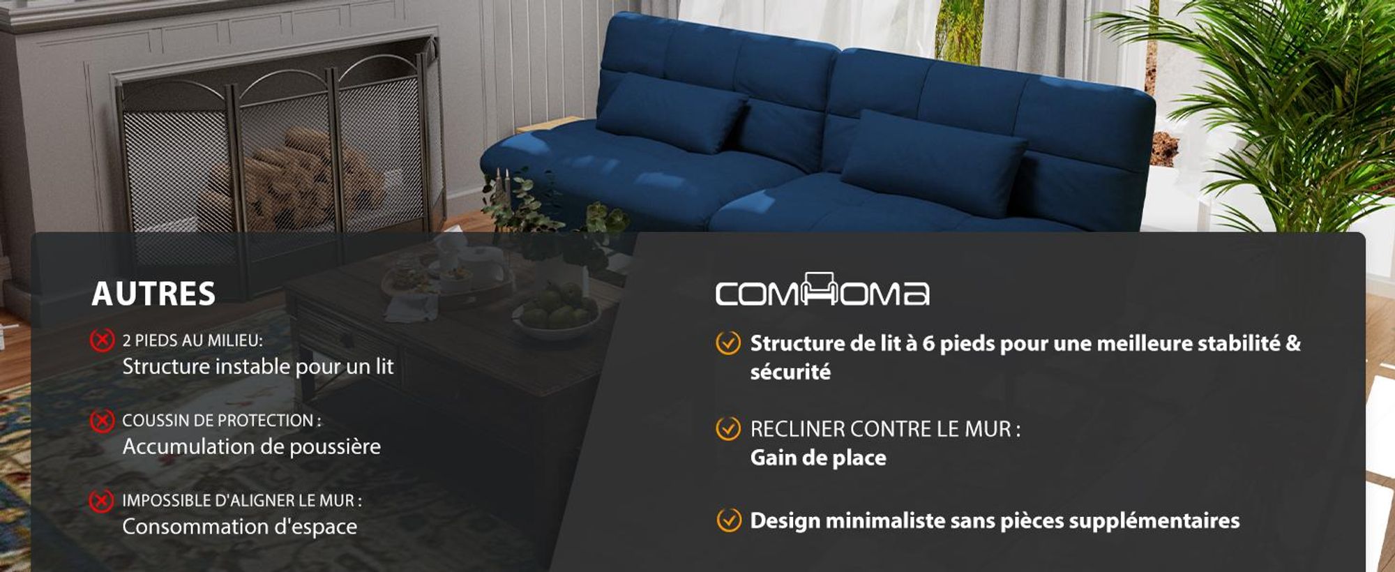 COMHOMA Canapé convertible avec fonction sommeil, housse Futon Canapé pliant, canapé-lit, canapé d'angle, canapé-lit d'appoint, canapé 3 places, avec dossier réglable en tissu, bleu