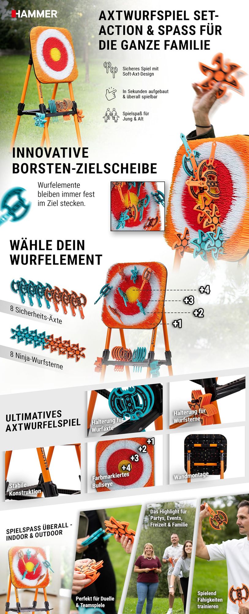 HAMMER Wurfspiel Ninja Dart mit Zielscheibe, Wurfäxten & Wurfsternen, sicheres Axtwerfen Wurfspiel, mobil, für Indoor & Outdoor