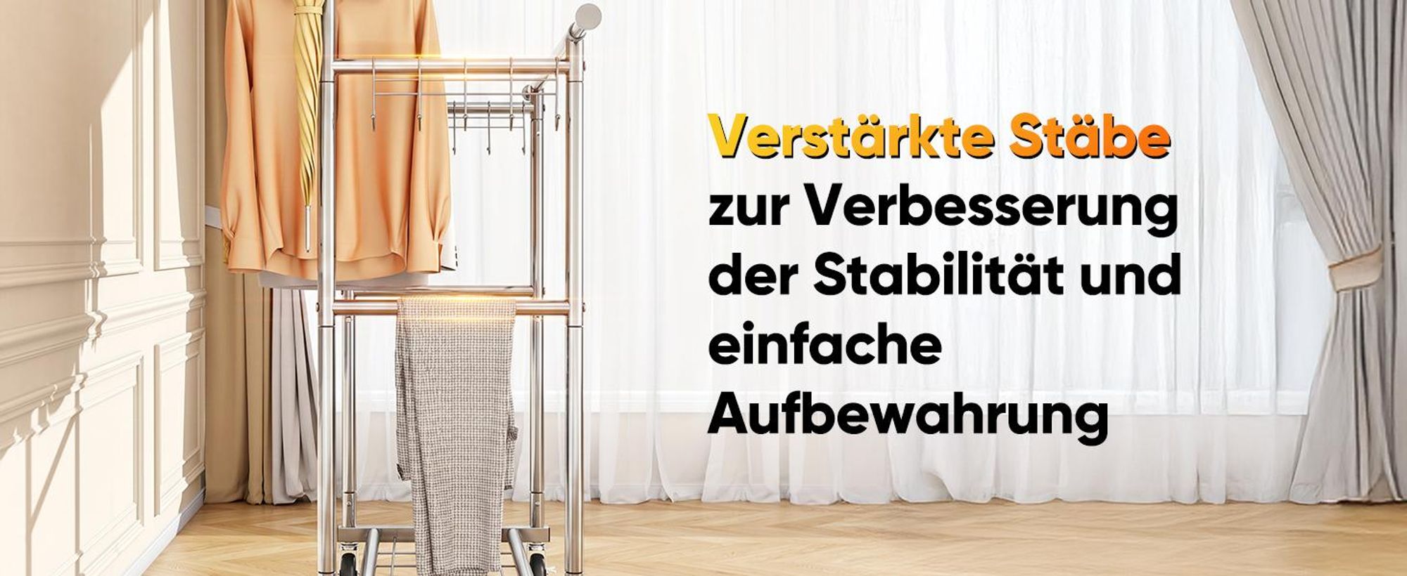 HOKEEPER Kleiderständer Schwerlast-Kleiderstange 204kg Kleiderständer mit Rädern Doppelstab-Garderobenständer zum Aufhängen von Kleidung Tragbarer