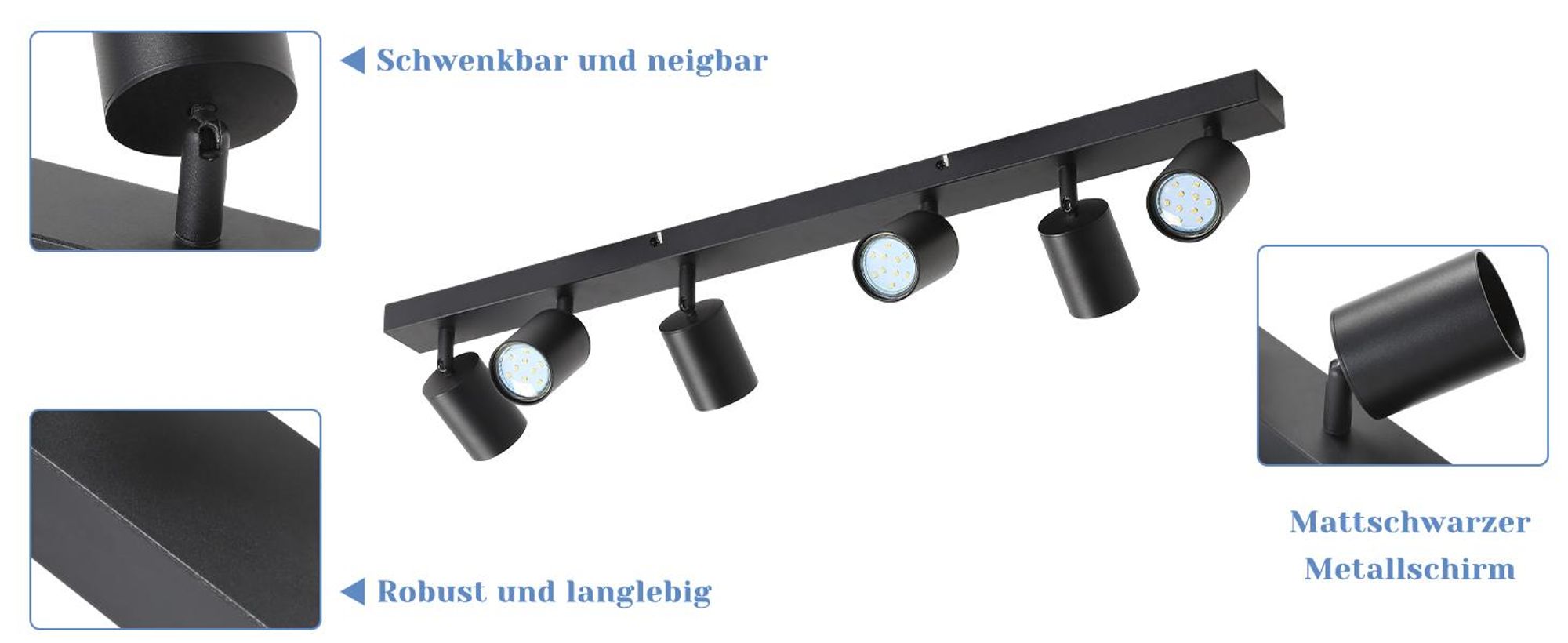 Spot LED ZMH à 6 ampoules, lampe de plafond GU10 en métal, spots orientables à 350°, luminaire de plafond noir pour salon, chambre à coucher et couloir