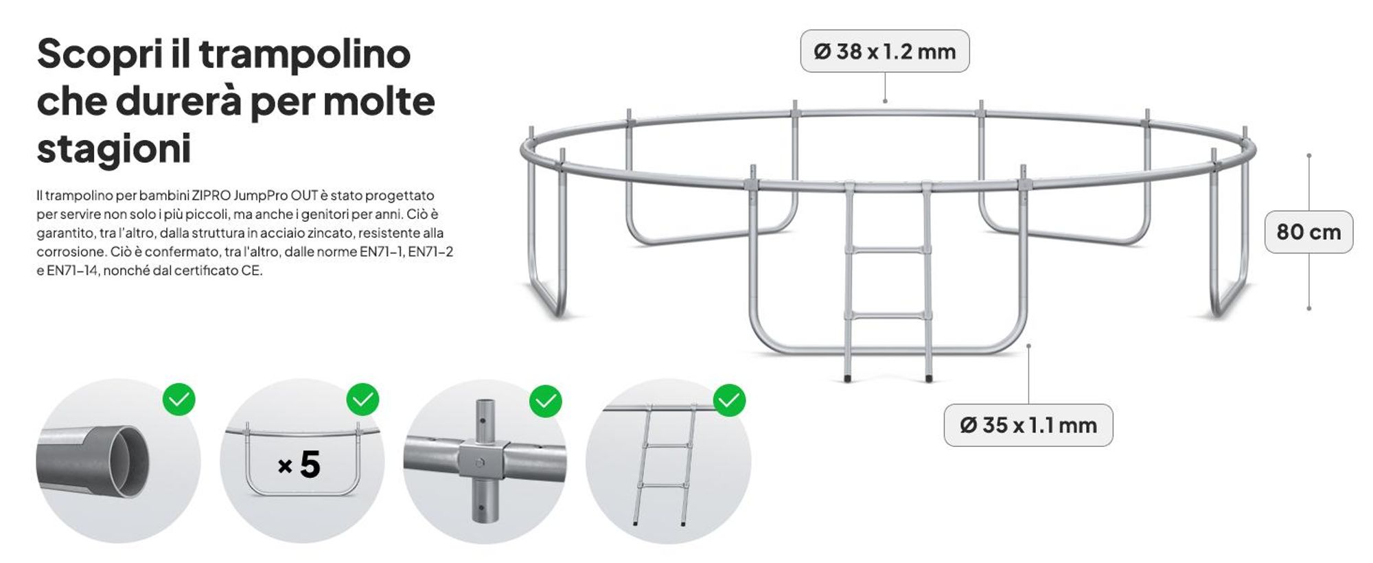 ZIPRO Trampolino Jump Pro Premium | 12FT Ø 374 cm | Trampolino da giardino Trampolino per bambini Set completo incl. rete, scaletta e copertura perimetrale, da esterno, verde