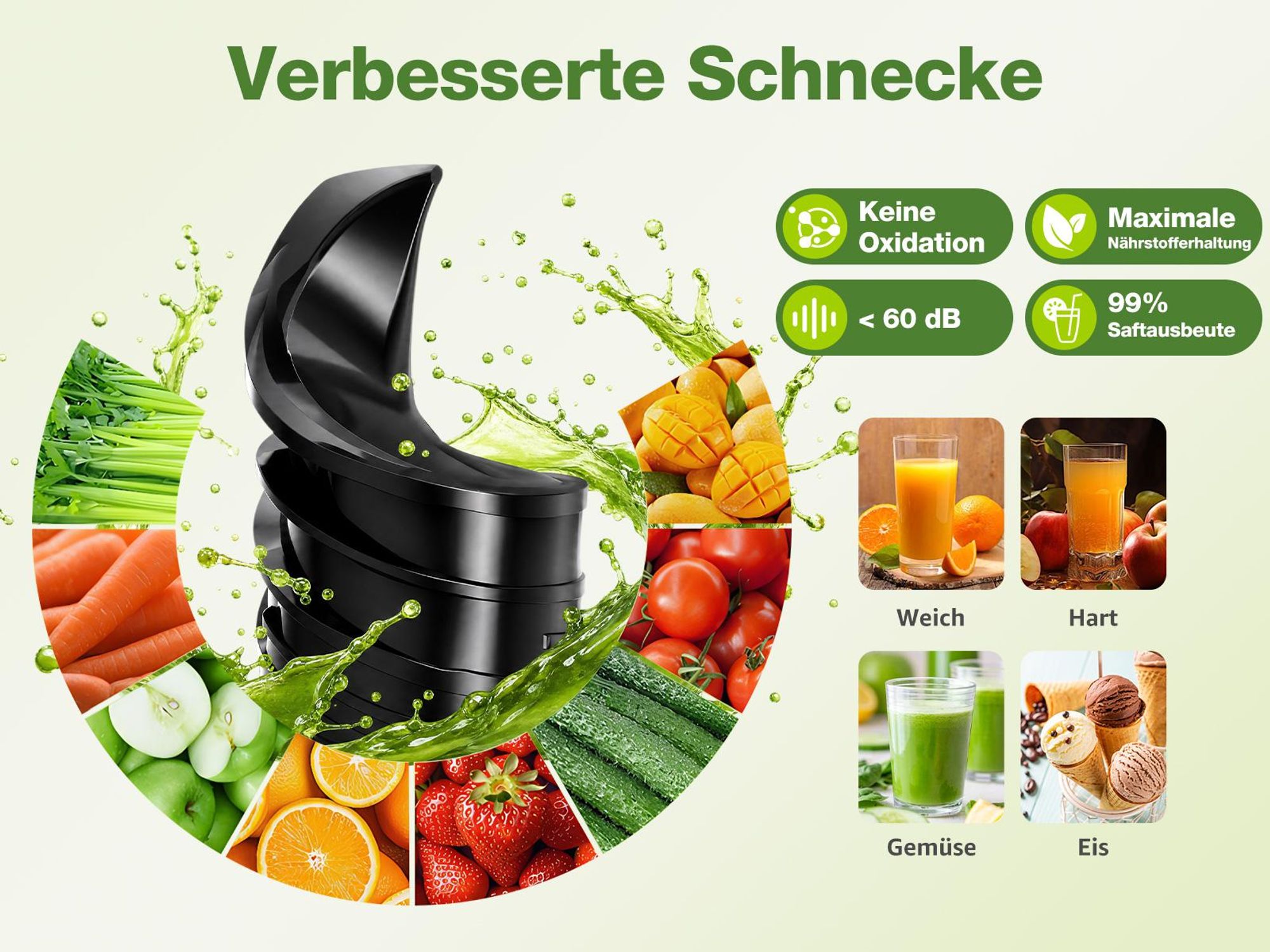 FATABETA Entsafter Slow Juicer 135 mm Große Öffnung elektrisch entsafter für Gemüse und Obst 1,6 L Füllvolumen mit 2 Gläsern, Elektrische Saftpresse