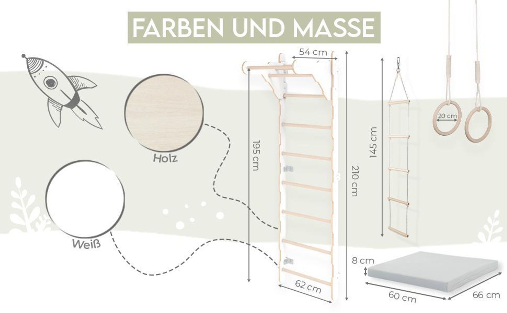 Gymnastik-Sprossenwand für Kinder (210 cm) | Wandmontierte Holzleiter | Kletterleiter für Kinder | Turnringe | Schutzmatte | Kletterseil | 100% ECO |