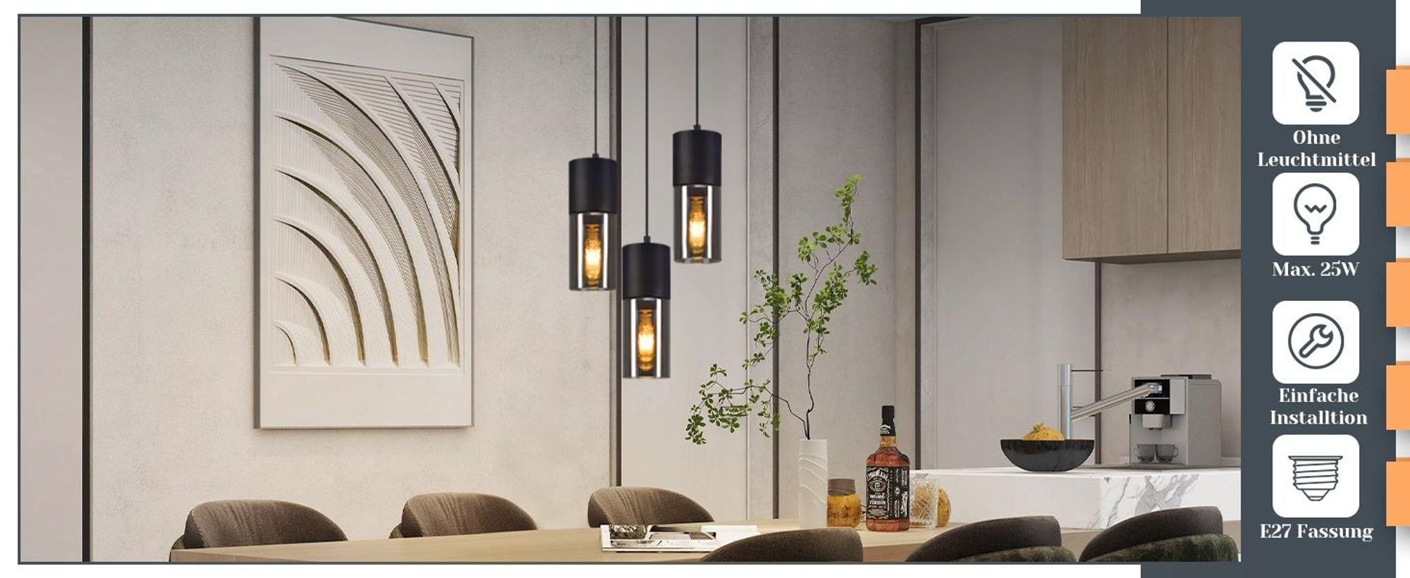 ZMH Hanglamp, eettafel, zwart, 3 lampen, E27, metaal, glazen kap, rond, hanglampen voor keuken, eetkamer, hal, trap, slaapkamer