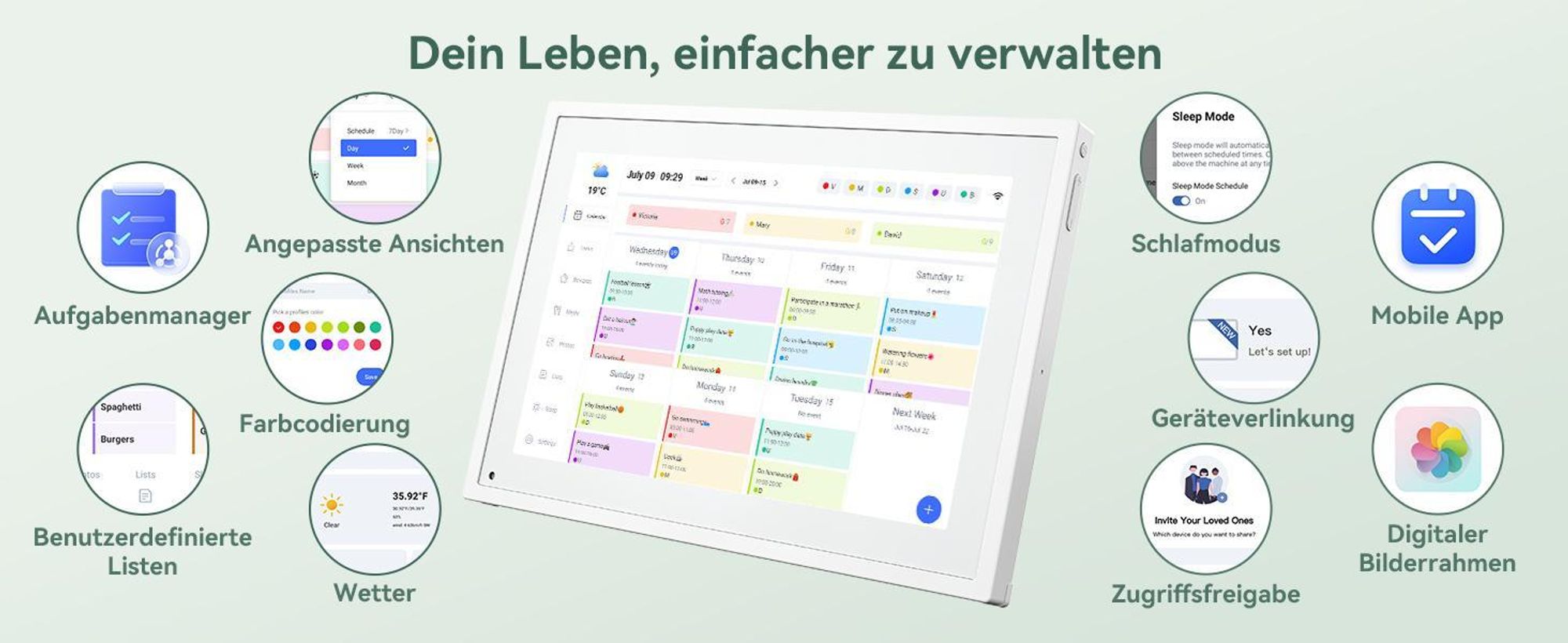 TABWEE P10 Digitaler Bilderrahmen, 10 Zoll, Mit Kalender-Funktion, App, 32 GB Speicher, WLAN, HD-Display (1280x800, 16:10) und Multi-Device-Sync