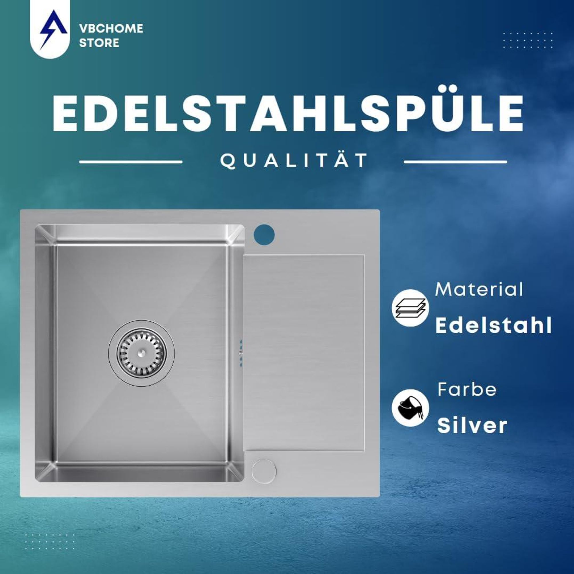 VBChome Edelstahlspüle 60 x 48 cm Gebürsteter Edelstahl Einbauspüle mit Zwei Löcher Spüle Groß Becken Küchenspüle mit Abtropffläche Siphon