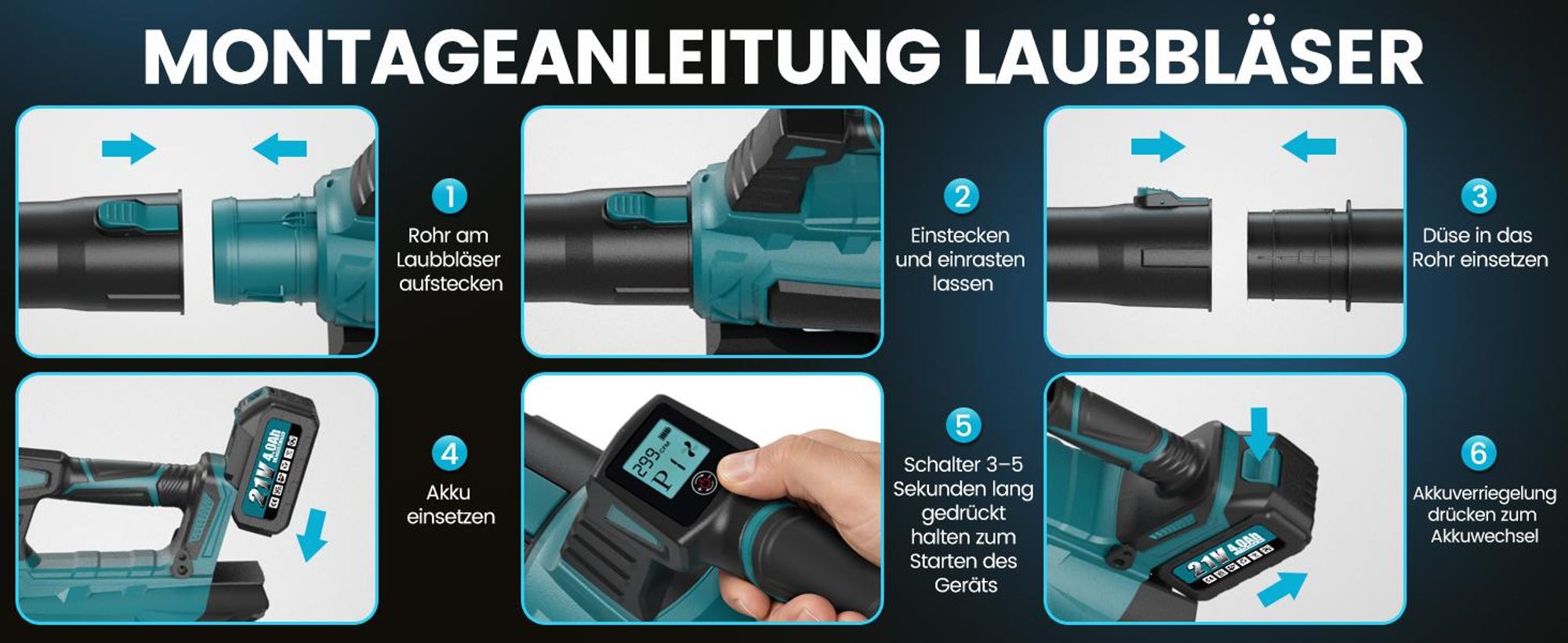 Akku Laubbläser 21V 6 Stufen mit 2x4000mAh Akku und Ladegerät, Akku-Gebläse 880W Bürstenlos bis 100 m/s für Laub, Staub, Schnee, Haus, Garten, Auto