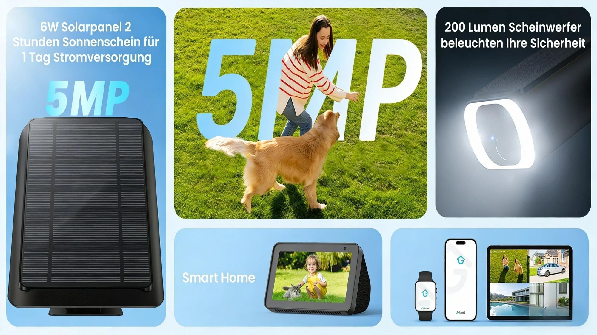 ieGeek 5MP HD Überwachungskamera Aussen Akku mit Solarpanel, Aussen Solar IP Kamera mit Spotlight, PIR-Bewegungserkennung, 2,4GHz WLAN