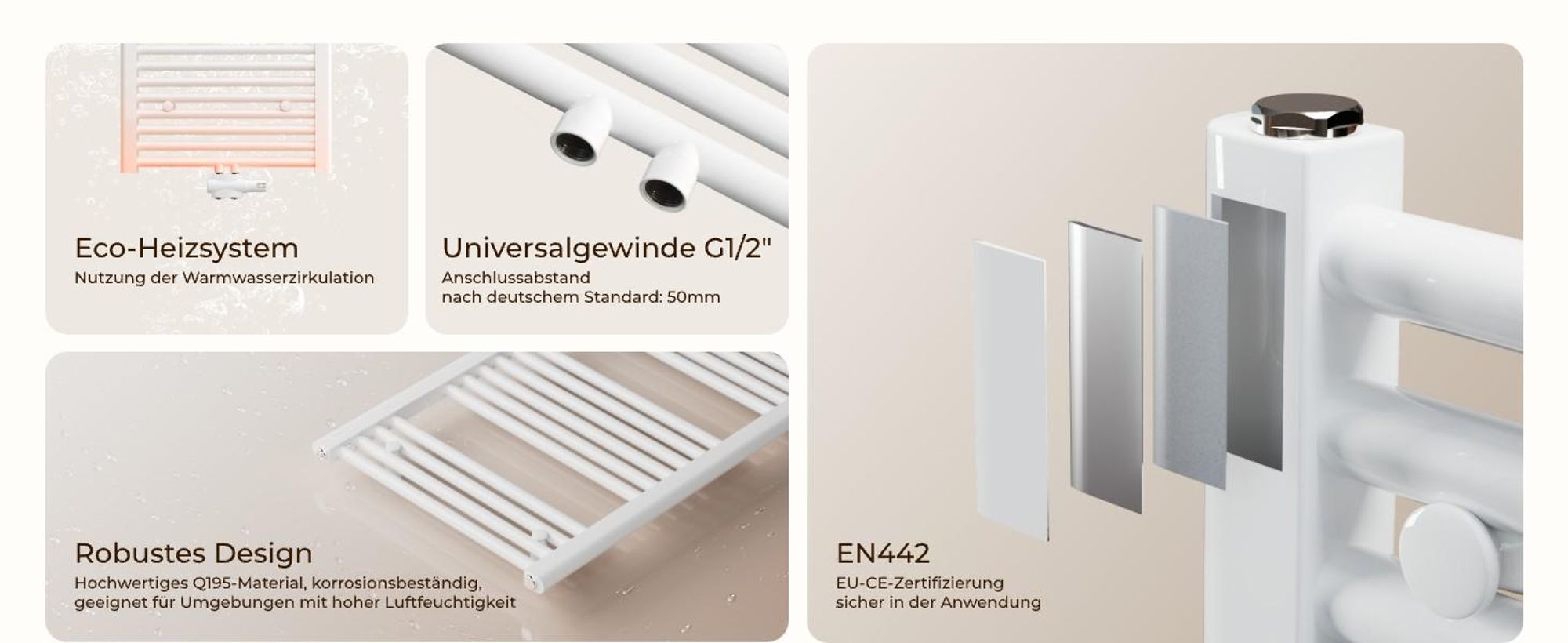 Heilmetz Badheizkörper Weiß 1600x600 mm, Handtuchtrockner aus Q195-Stahl, Mittelanschluss 50mm, 761W Handtuchheizkörper für Badezimmer Ohne heizstab