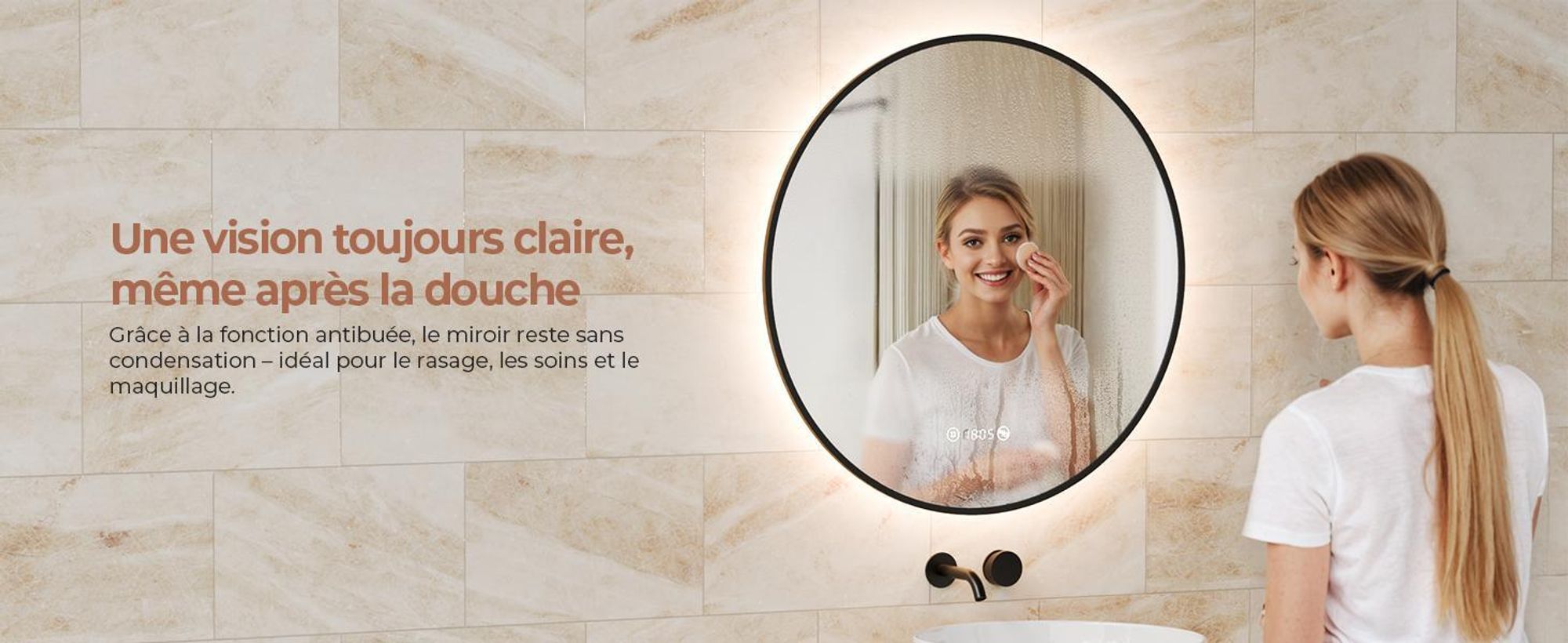 S'AFIELINA miroir salle de bain LED 80 cm rond, tactile, anti-buée, variateur, horloge, température, mémoire, bordure noire