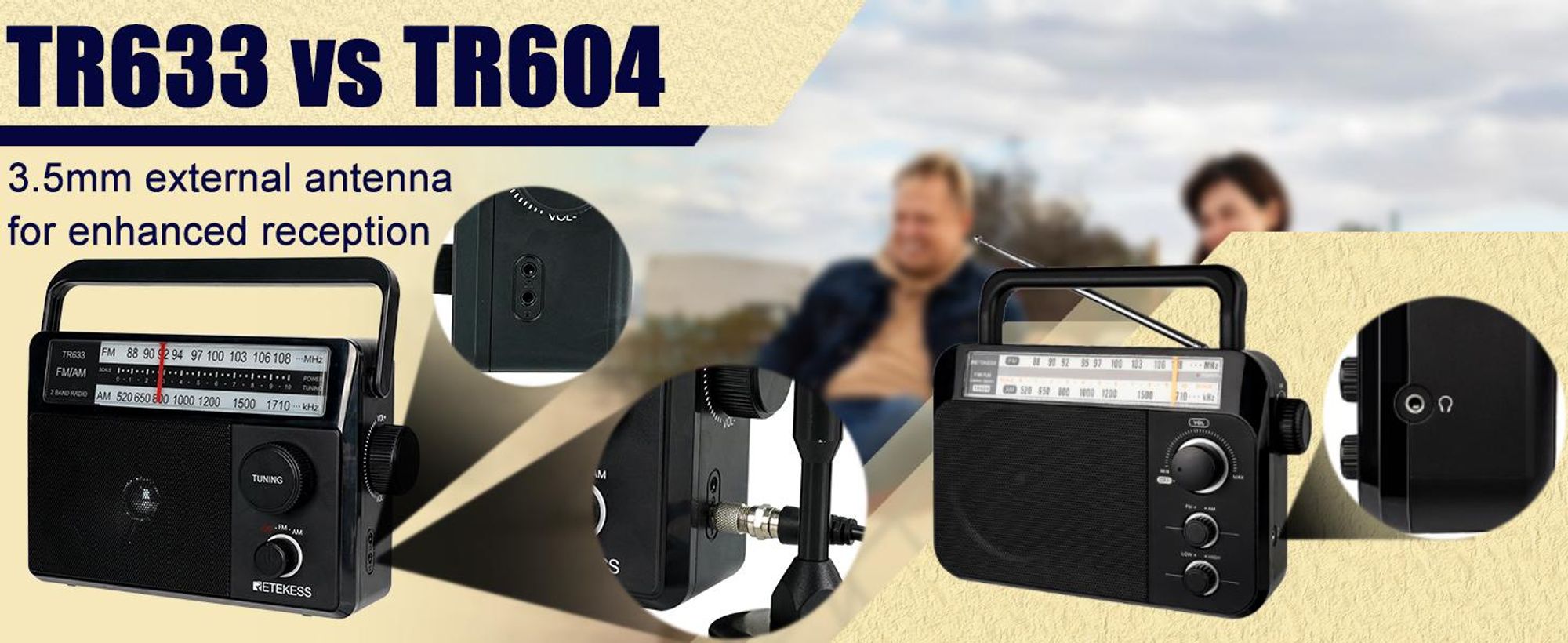 Retekess TR633 Prenosné rádio, AM FM rádio s batériou, tranzistor, konektor pre slúchadlá, veľký reproduktor, darčeky pre starších (čierna)