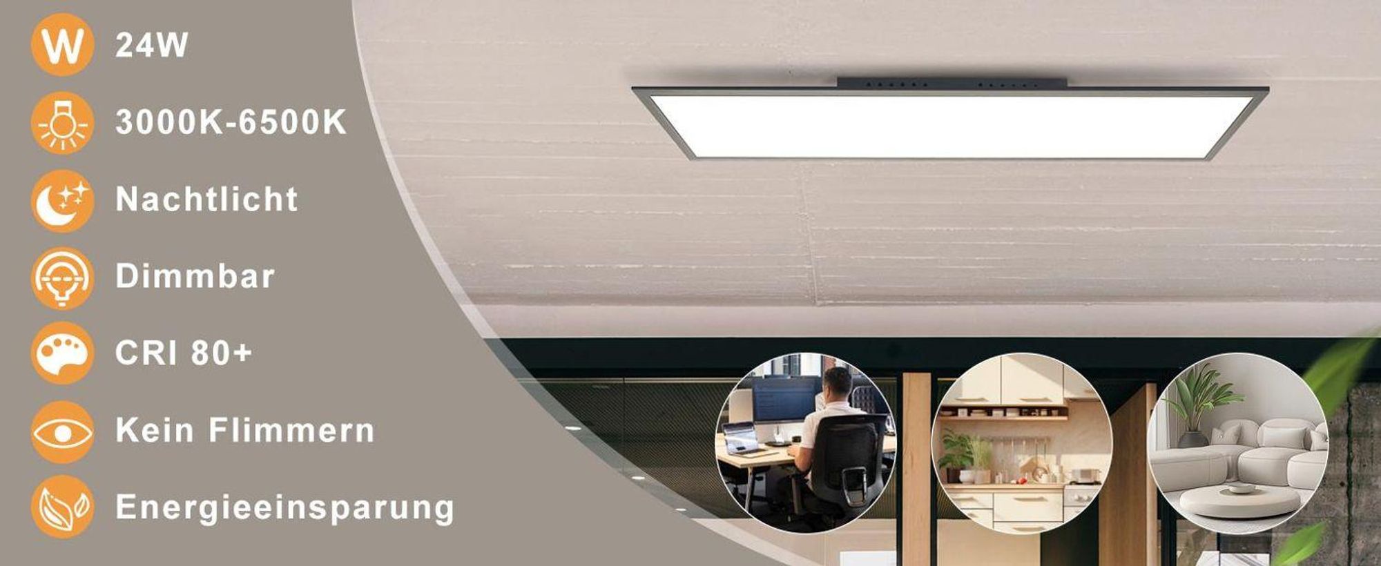 ZMH Lámpara de techo LED, 100x25 cm, 24W, diseño plano, ideal para oficinas, con mando a distancia, regulable, lámpara para cocina, lámpara de oficina, apta para cocina, dormitorio y pasillo, color