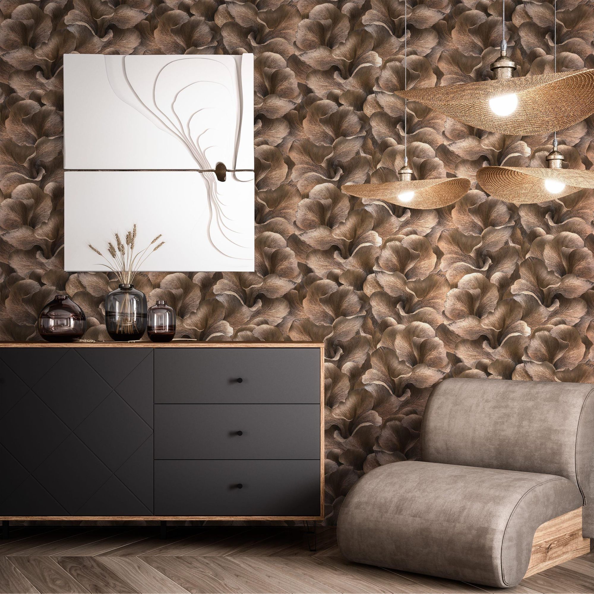 Vliestapete Diarra Braun im Wohnzimmer