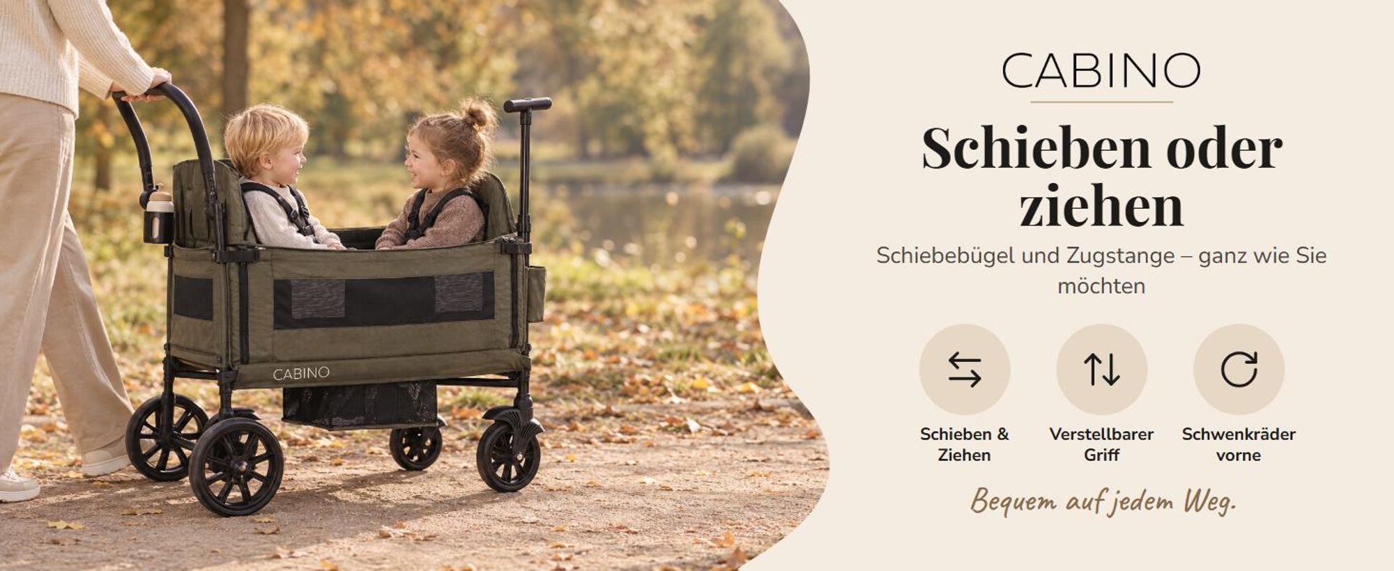 Cabino Bollerwagen Waggie Schwarz – faltbarer Handwagen für 2 Kinder mit Gurten, abnehmbarem Sonnendach, Tablett und Becherhalter, bis 50 kg
