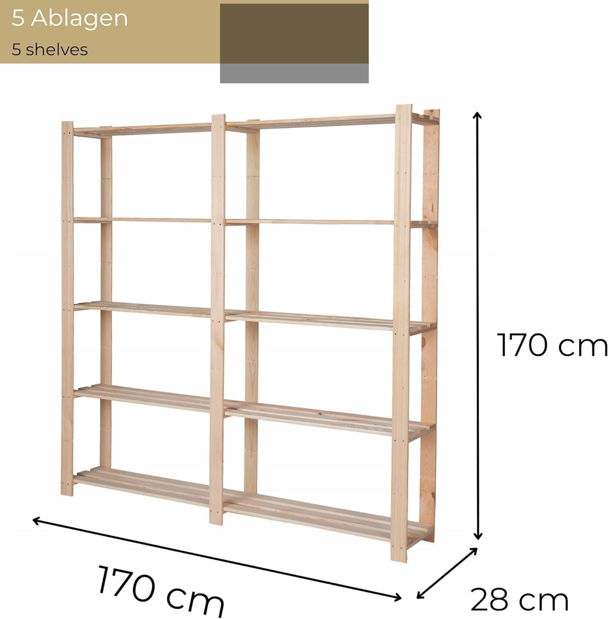 STOLMAK Holzregal Garage Regal 170x170x28 (BxHxT) Standregal Natur Kiefernholz Massivholzregal Kellerregal 5 Böden Kieferregal