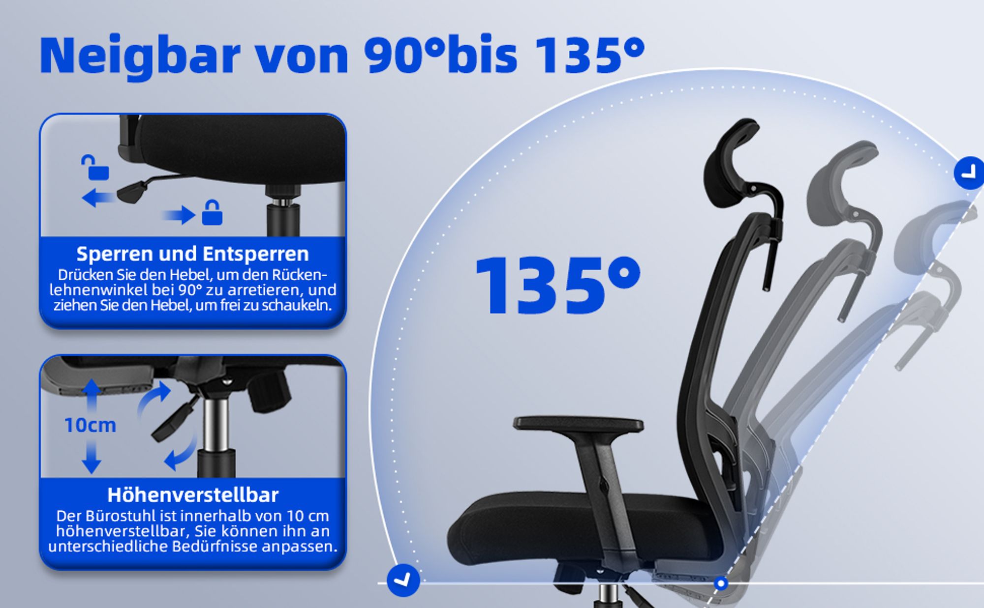 Marodic Bürostuhl Ergonomisch Drehstuhl Wippfunktion 90°- 130° Schreibtischstuhl Höhenverstellbare Armlehnen, Verstellbare Kopfstütze Lordosenstütze