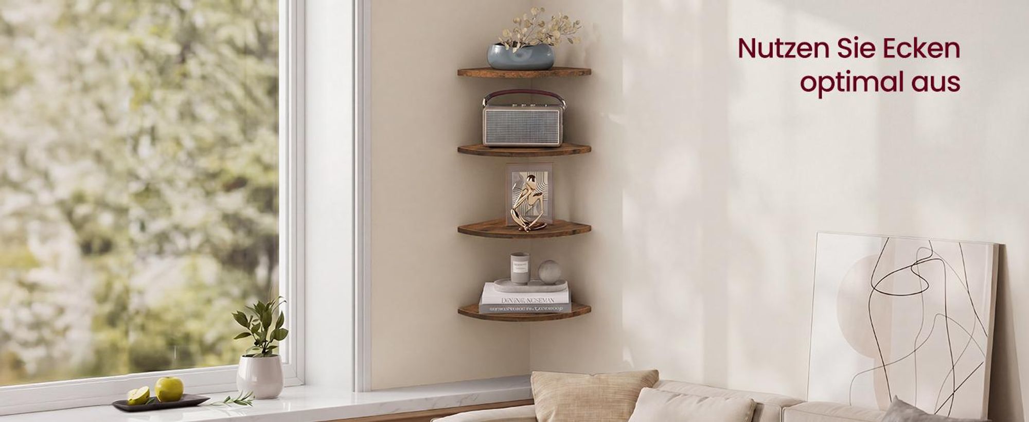 VASAGLE 2er Set Eckregal, Fächerförmiges Schweberegal für Schlafzimmer, 20 x 20 x 1,2 cm, Braun