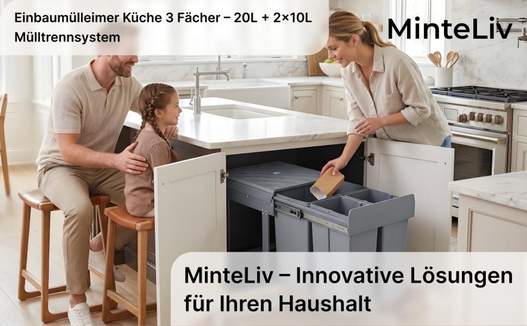 MinteLiv Einbaumülleimer 20L+2x10L Mülltrennsystem Ausziehbar, Stahlrahmen, 48x33,5x42cm