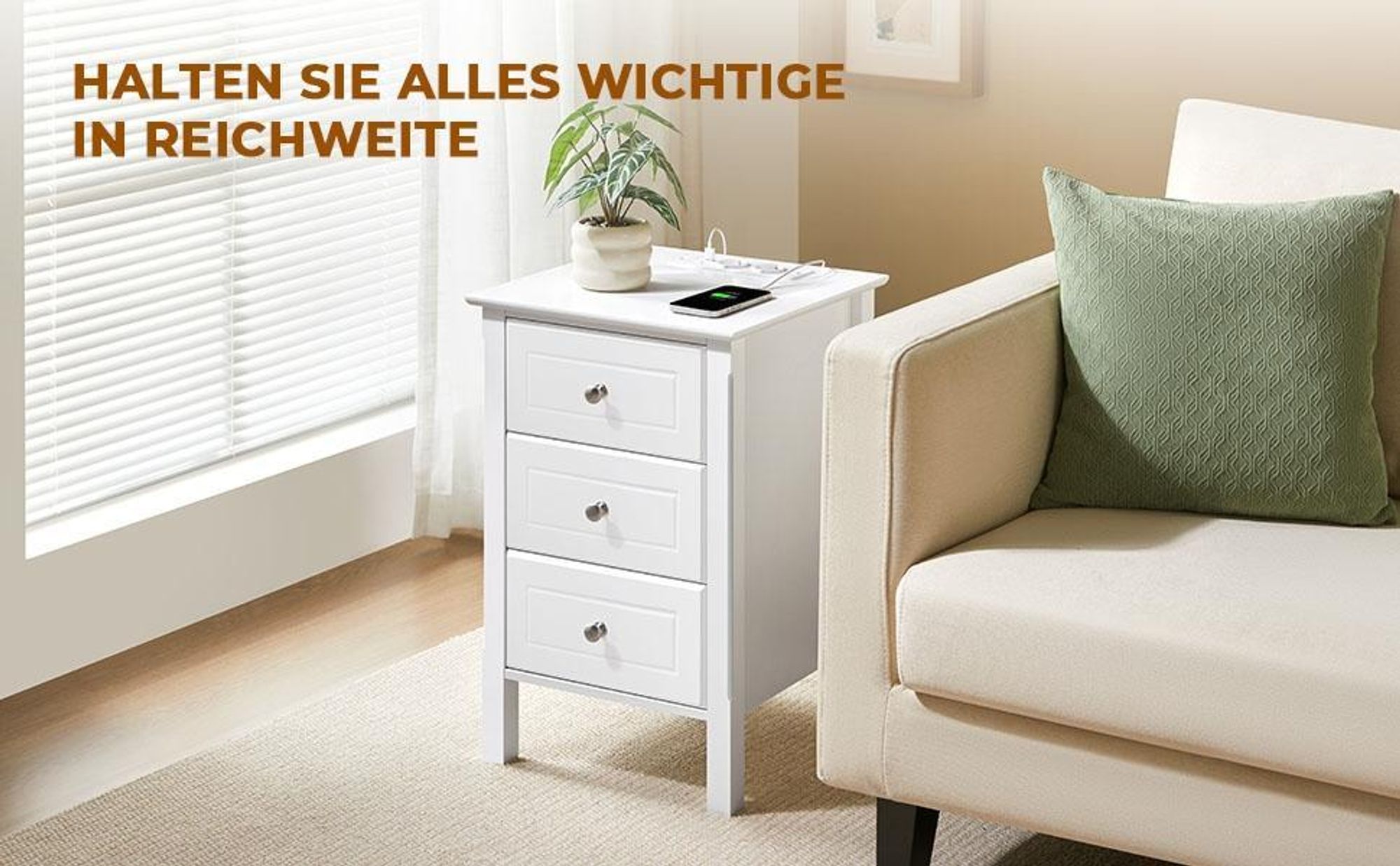 Yaheetech 2er Set Nachttisch mit Steckdose & USB, 3 Schubladen Beistelltisch mit 2 AC- und 2 USB-Anschlüssen, Weiß