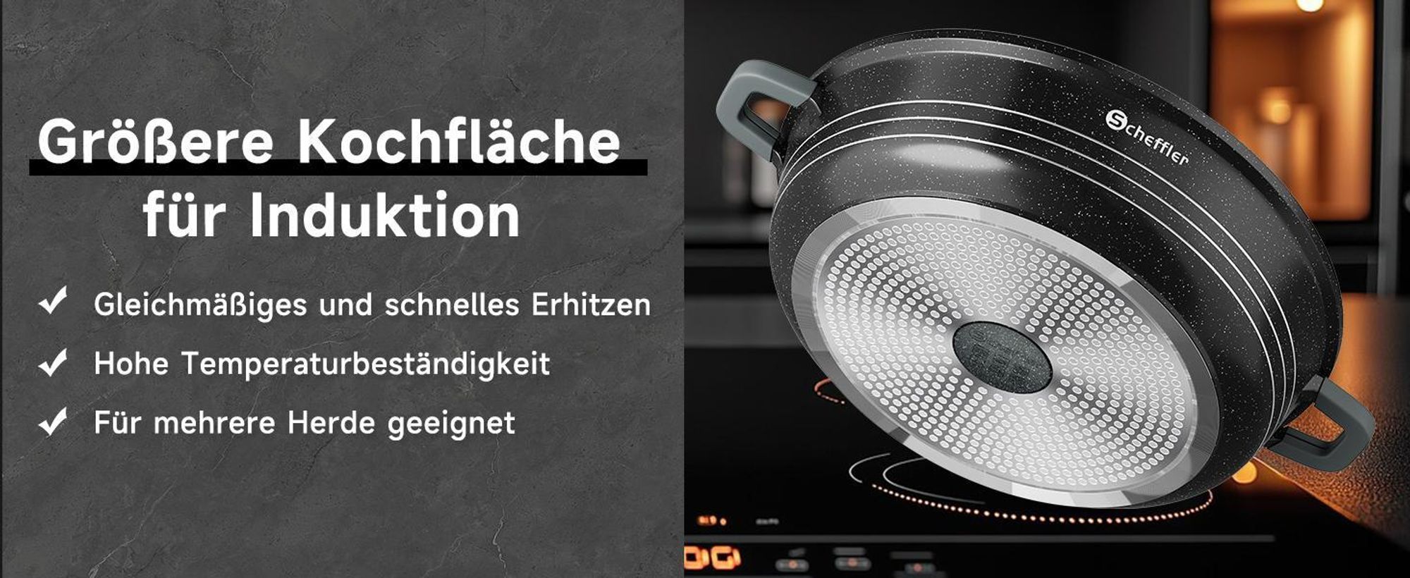 Scheffler Servierpfanne Induktion, 28 x 7,5 cm Schmorpfanne aus Aluminiumguss, Pfanne Bratpfanne mit Marmor-Antihaftbeschichtung, Glasdeckel