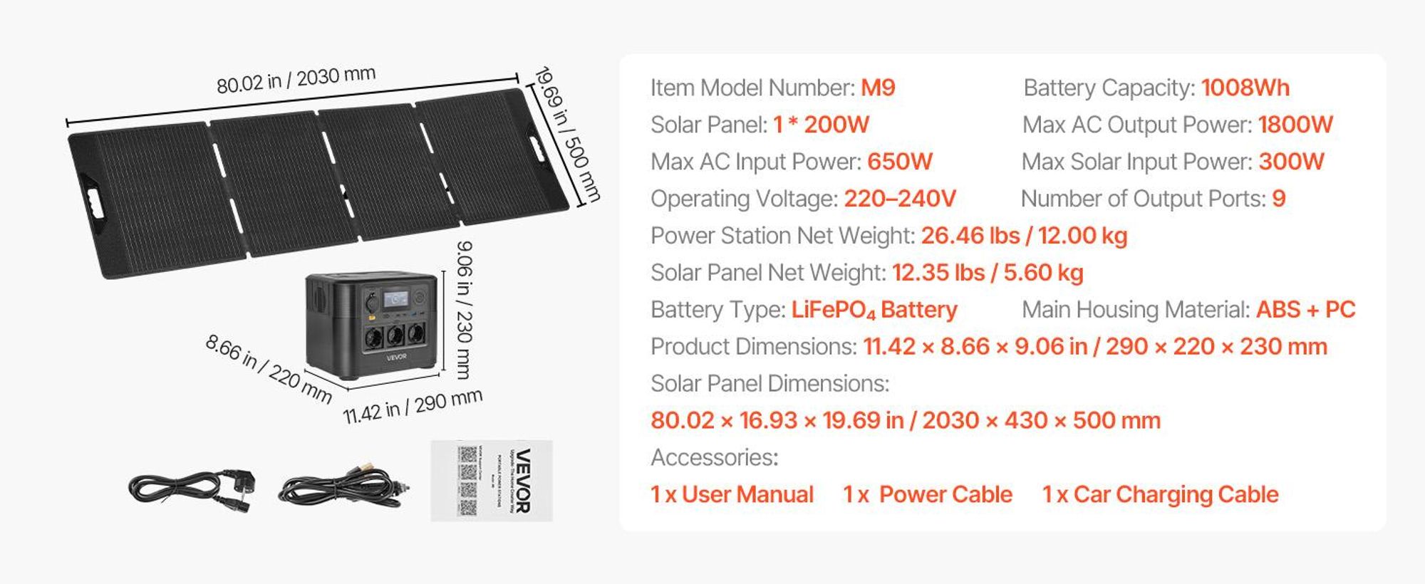 VEVOR Tragbare Powerstation, mit 200-W-Solarpanel, 1800-W-Solargenerator, 1008-Wh-LiFePO4-Akku-Backup & 9 Ausgängen, Ideal für Notfälle zu Hause, Camping & Reisen mit dem Wohnmobil