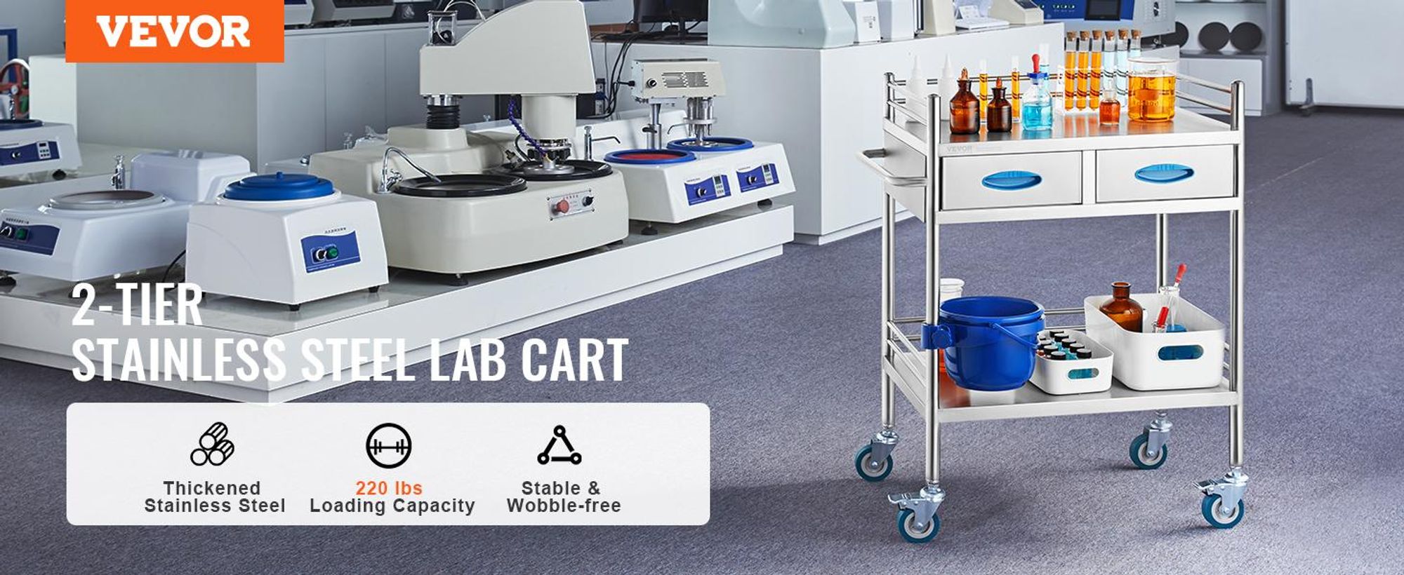 VEVOR Edelstahlwagen, 3-lagiger Labor-Nutzwagen mit 181,4 kg Tragfähigkeit, medizinischer Wagen mit abschließbaren Universalrädern, für Labor, Klinik, Küche, Salon, 2 Schichten-a, Silber-a