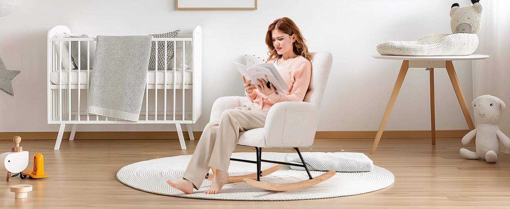 COMHOMA Fauteuil à bascule, fauteuil de relaxation avec accoudoirs, fauteuil à oreilles en peluche Teddy Fauteuil à bascule, supporte jusqu'à 150 kg pour chambre à coucher, salon Blanc