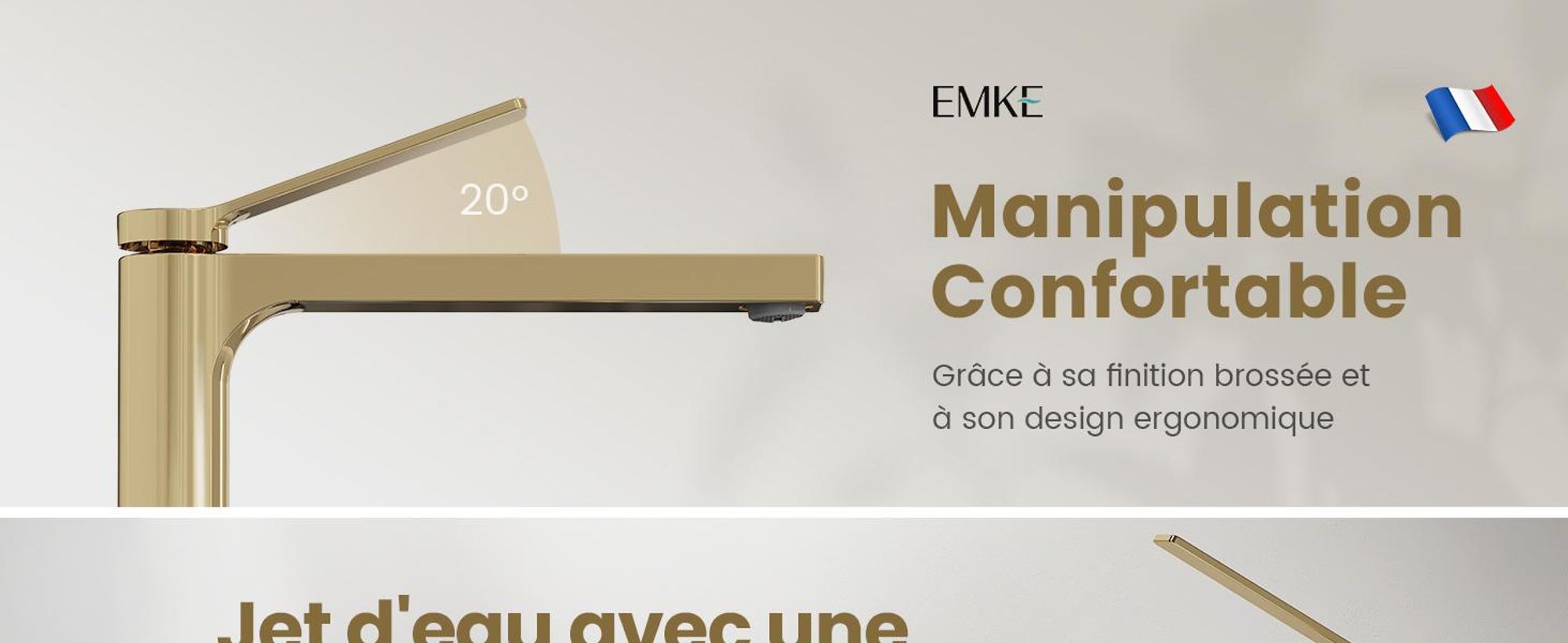 EMKE Robinet salle de bain or champagne 335x233x46mm, laiton, cartouche céramique, robinet salle de bain, mitigeur lavabo, mitigeur lavabo