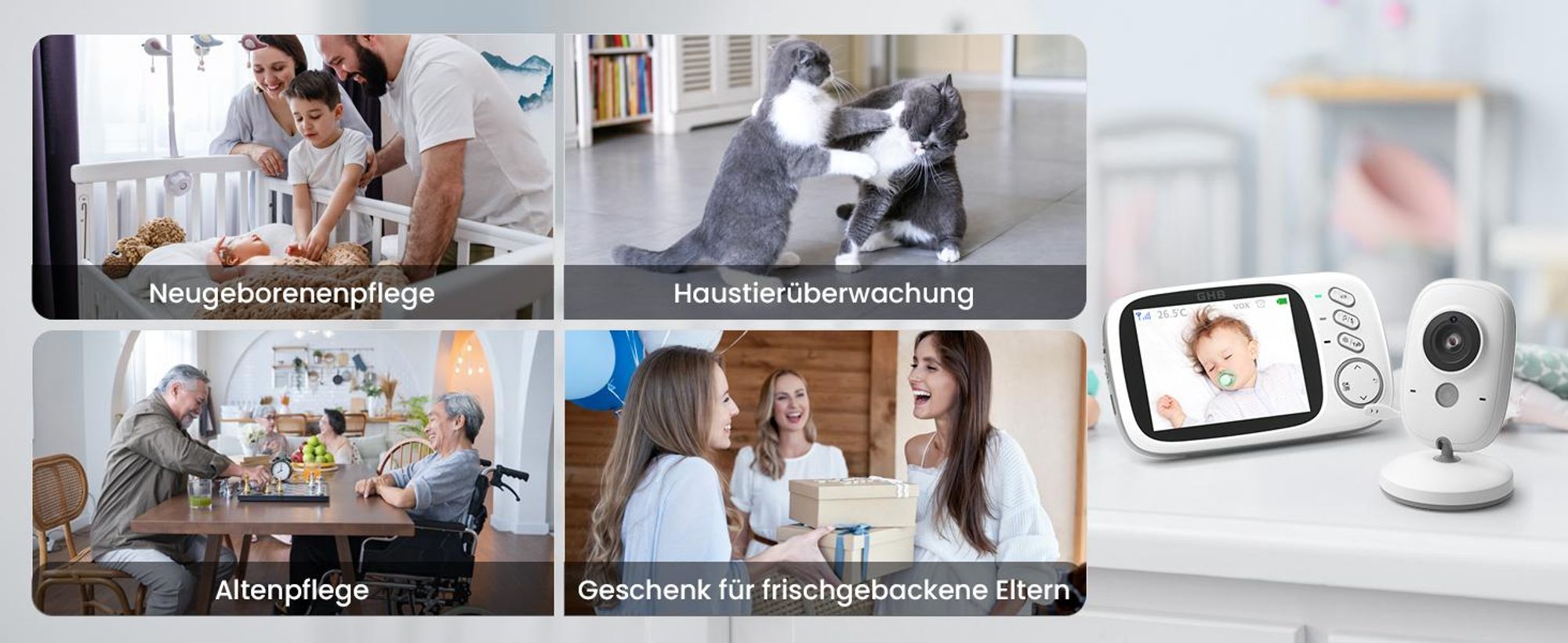 Babyphone mit Kamera 3,2 Zoll Babyphone mit Temperaturüberwachung, Zwei-Wege-Gegensprechanlage, Schlaflied, VOX