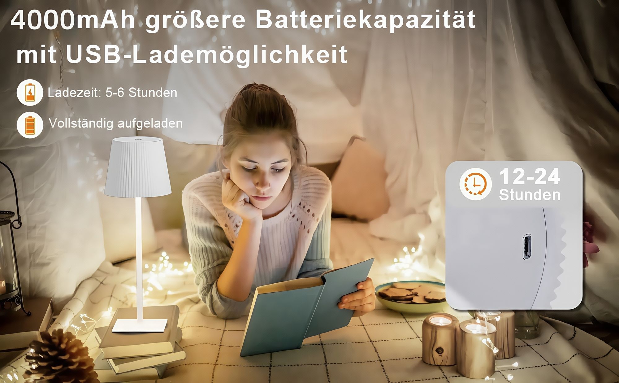 Tischlampe Kabellos, LED Tischleuchte, Dimmbar Touch Akku Tischleuchte Kabellos mit USB Ladestation, Warmweiß Tischlampe, IP54 Wasserdichte, Weiß