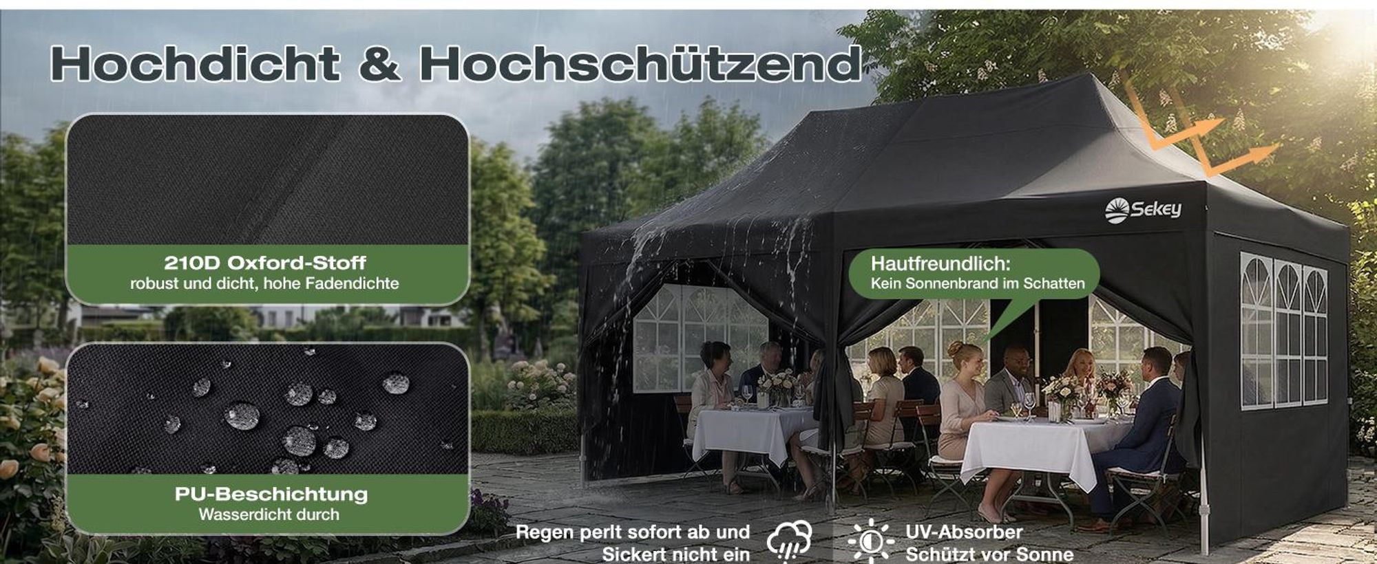 Sekey Faltpavillon 3x6 Wasserdicht mit 6 Seitenwänden, UV50+ Gartenpavillon Partyzelt, Schwarz