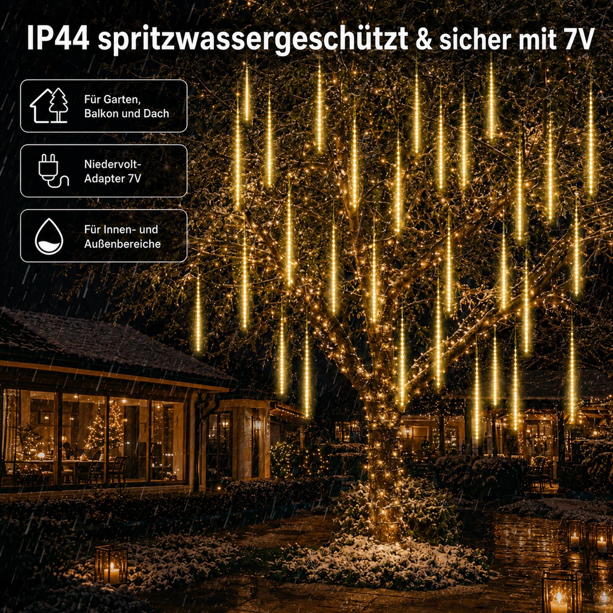 2.4M Meteorschauer Lichterkette 192 LED Weihnachtsdeko Eiszapfen Lichterkette Winter Halloween Dachrinne Fenster Garten Balkon Deko, Warmweiß