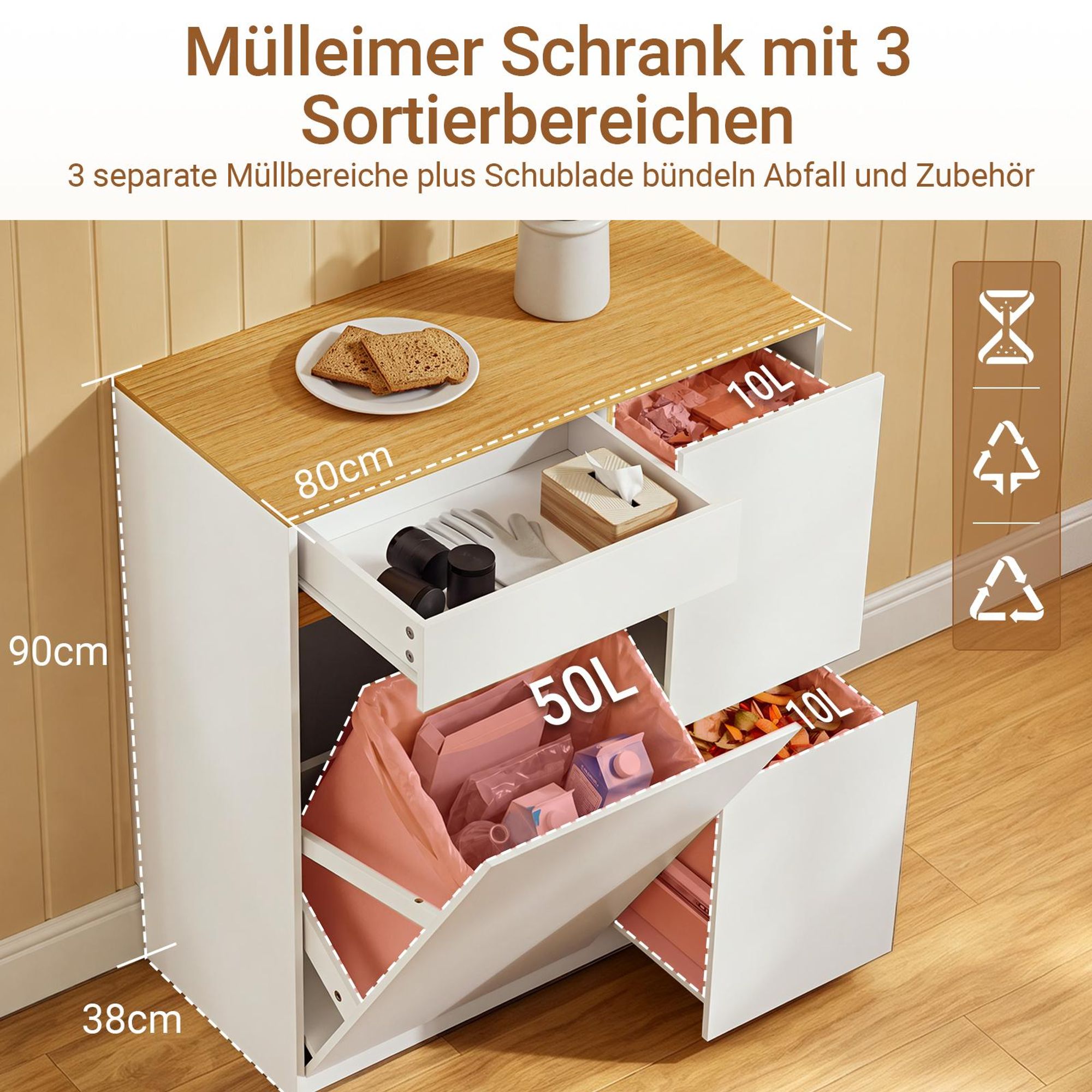 SoBuy Mülleimer Schrank mit 3-fach Mülltrennsystem, Küchenschrank mit Abfalleimer und Schublade, Sideboard in Weiß FSB111-WN