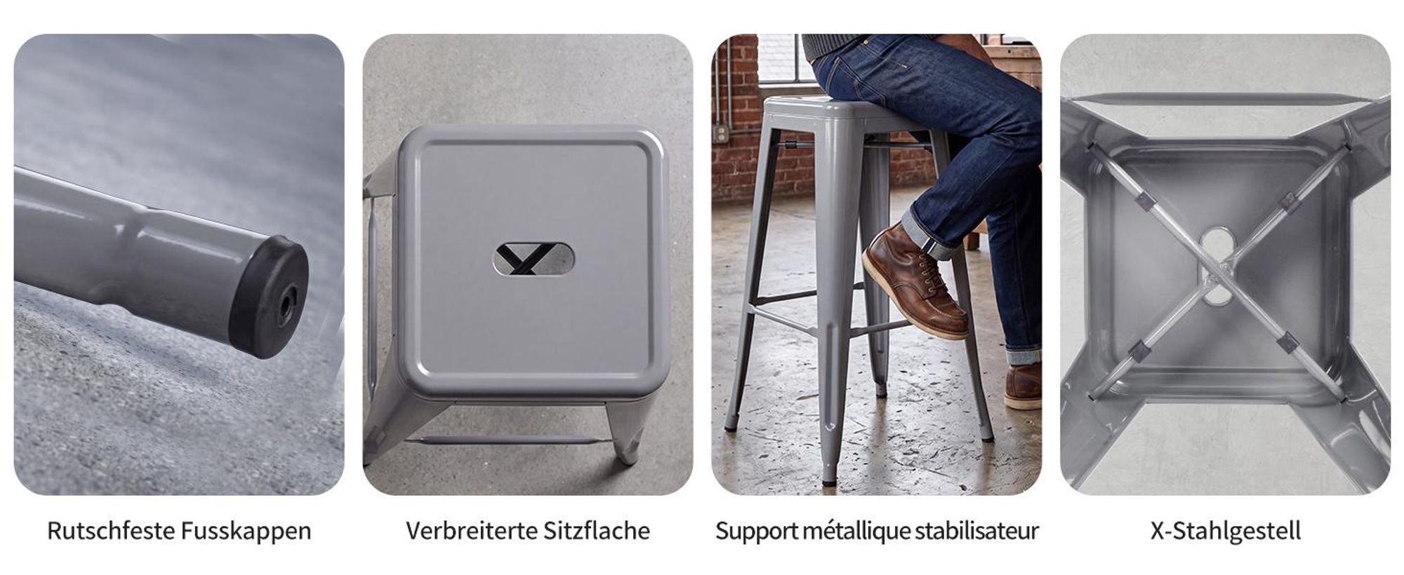 Duhome Tabourets de bar en fer, lot de 4, hauteur d'assise 76 cm, tabourets de comptoir empilables en métal avec repose-pieds, design industriel, gris