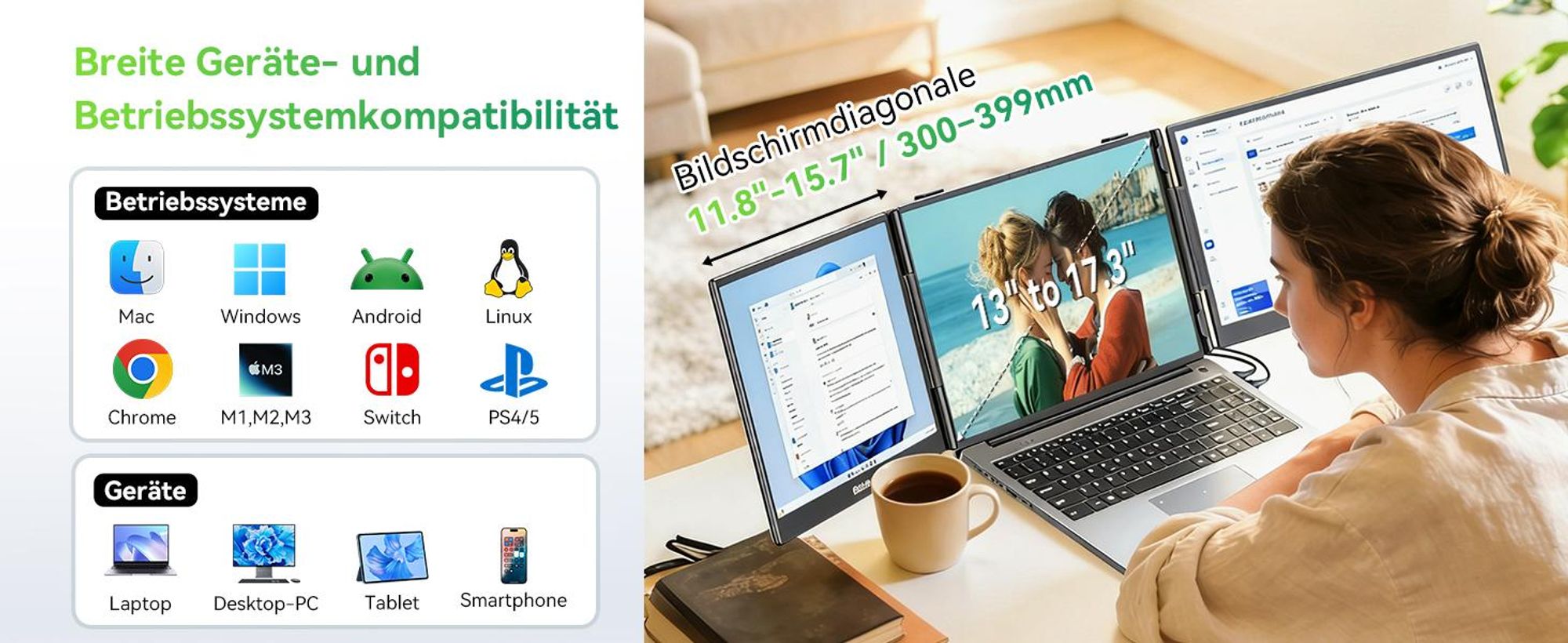 Blackview DCM5 mit Lautsprecher 14" tragbarer monitor, 300 Nits, 100W PD, USB-C HDMI Plug und Play für Laptop/PC/Switch/PS5/MacOS/Windows/Android