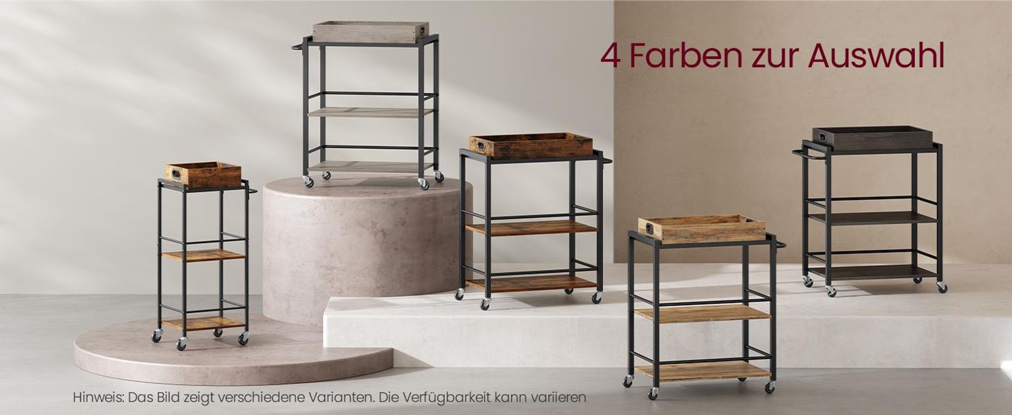 VASAGLE Servierwagen mit abnehmbarem Tablett, verstellbaren Füßen und Rollen, Vintagebraun-Tintenschwarz