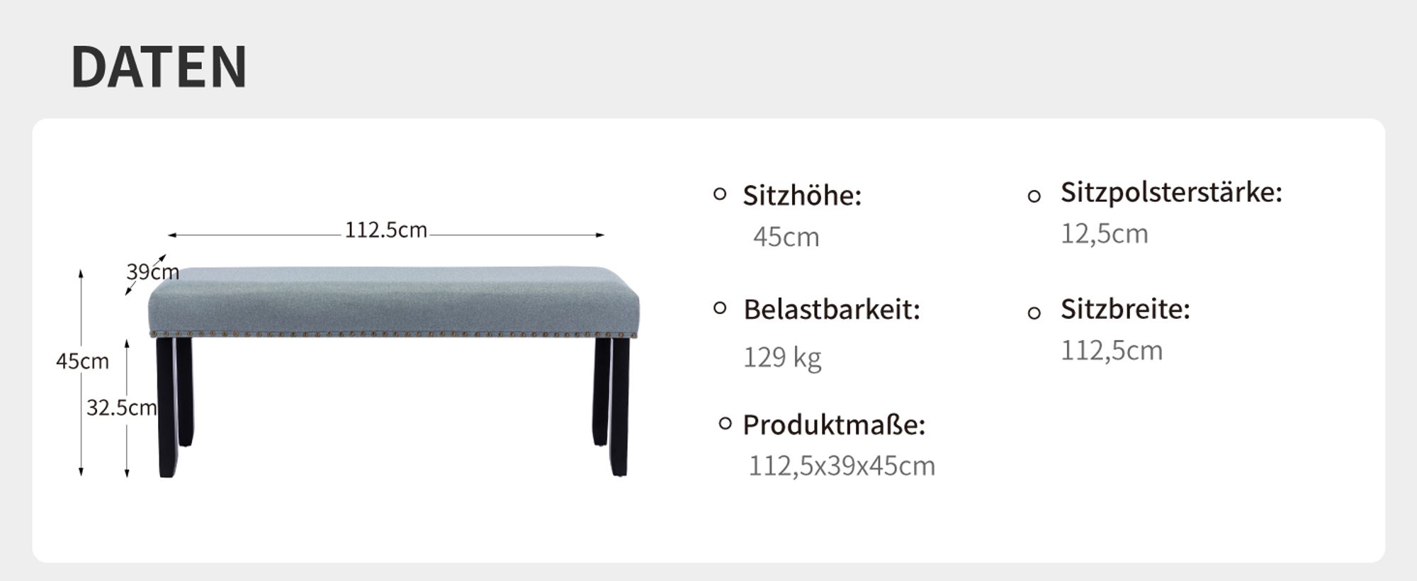 Duhome Sitzbank Flur, Gepolstert Polsterbank mit Leinenbezug Schminkbank Bettbank Fußhocker mit Holzbeine für Esszimmer Wohnzimmer, Grün-Grau