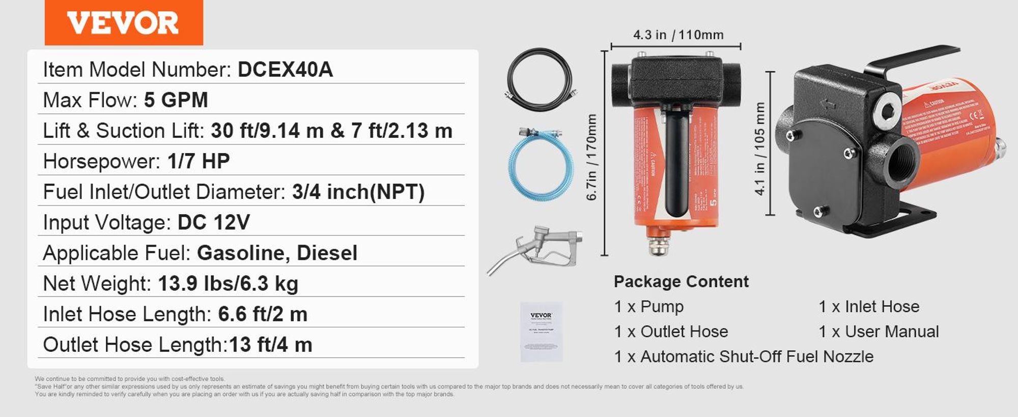 VEVOR Diesel-Transferpumpe, 12 V DC, 5,3 GPM, 1/10 PS, mit automatischer Abschaltdüse und verlängerten Schläuchen für Benzin-, Diesel-, Kerosin- und Methanolmischungen, tragbar und elektrisch