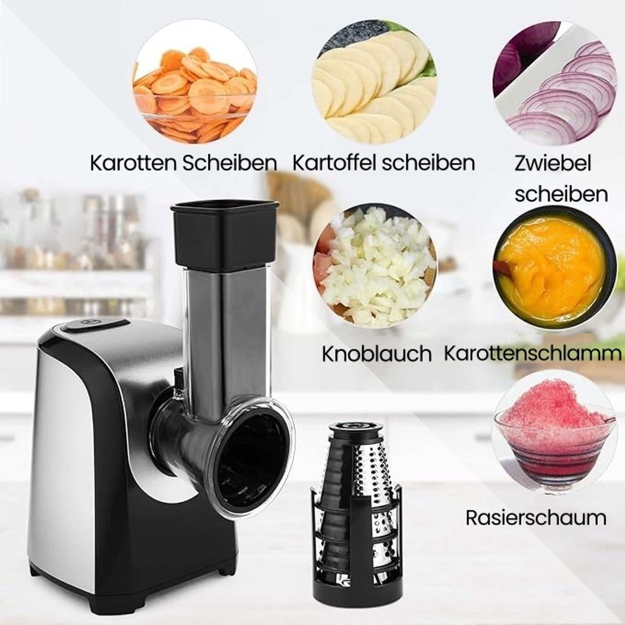 5 in 1 Elektrischer Gemüseschneider, Automatisch Gemüsehobel mit 5 Kegel-Klingen, 150W Edelstahl Spiralschneider Zerkleinerer Salatschneider Schleifer