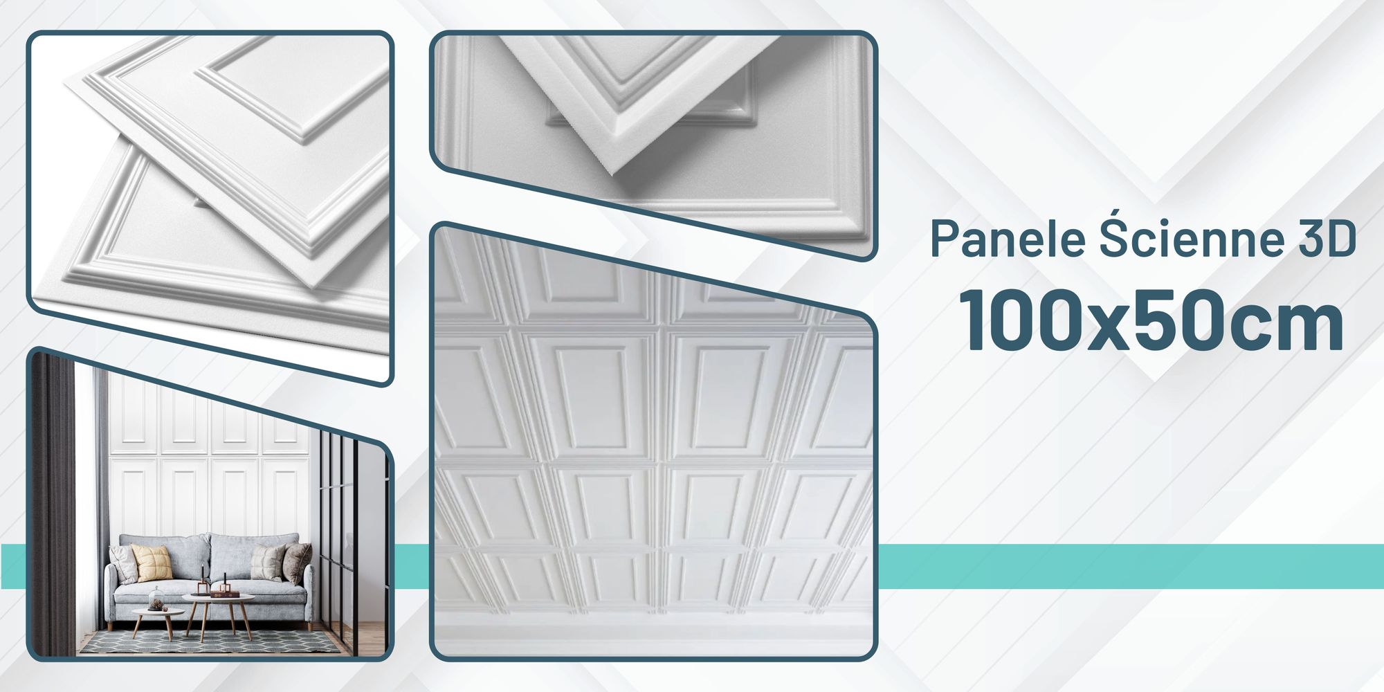 DECCART | Kasetony sufitowe 3D | Panele scienne | Panele scienne 3D | Rama biala | 100x50cm | 2m²