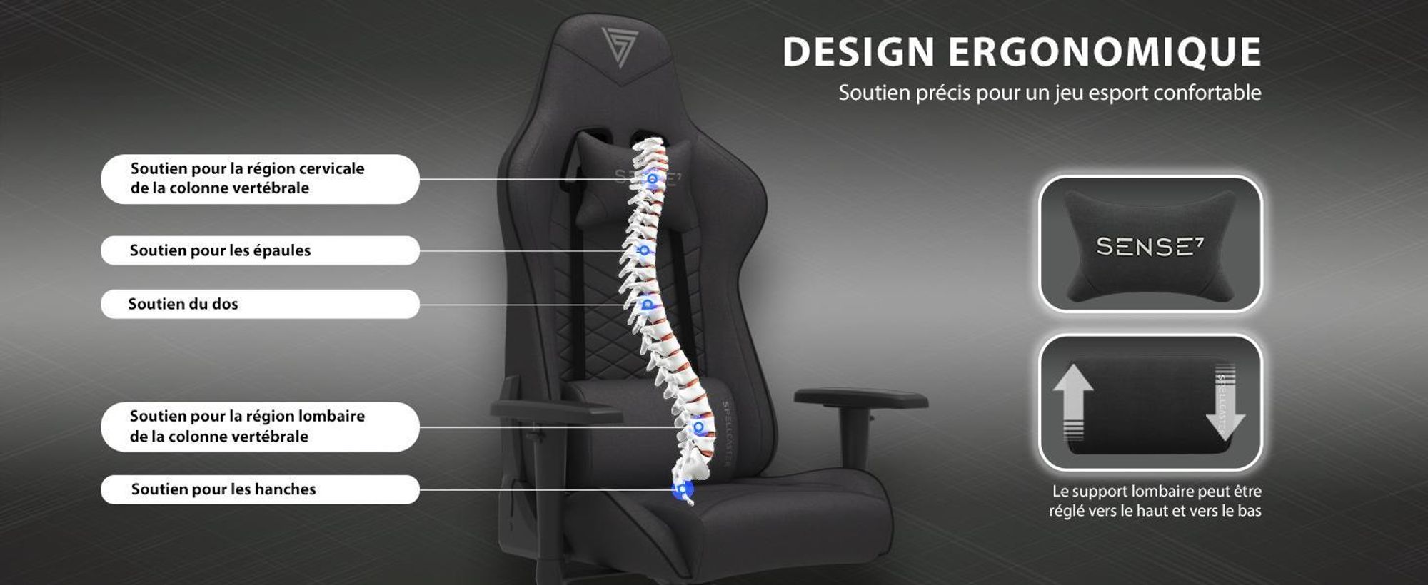 Fauteuil gaming SENSE7 Spellcaster en tissu noir et bleu - Fauteuil de bureau ergonomique, fauteuil de bureau pour PC, fauteuil gaming, charge maximale 150 kg, accoudoirs 2D, inclinaison à 160°, fauteuil de direction