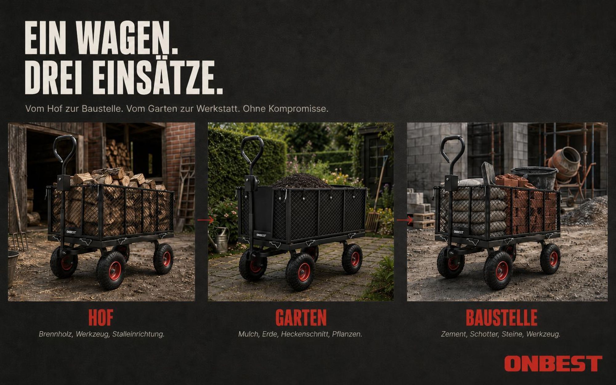 ONBEST Gitter Transportwagen | bis 550 kg | belastbar | 205L | klappbar | Wasserabweisende Innentasche